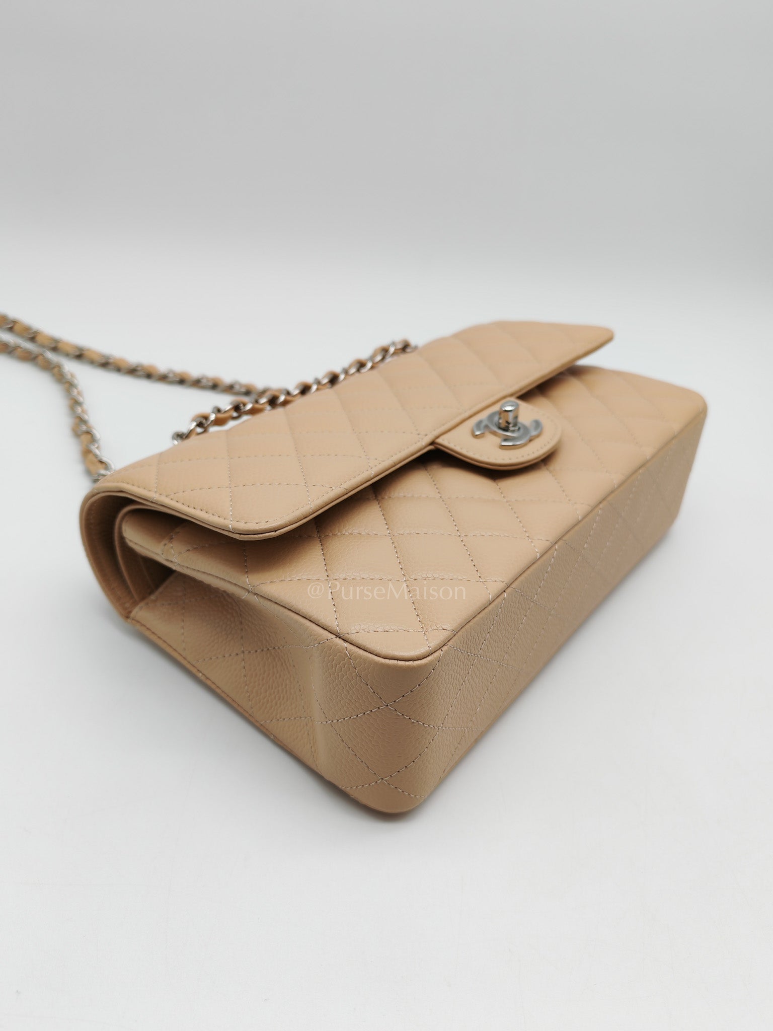 Classic Double Flap Medium in Beige Clair Quilted Caviar Leather & Silver Hardware Microchip