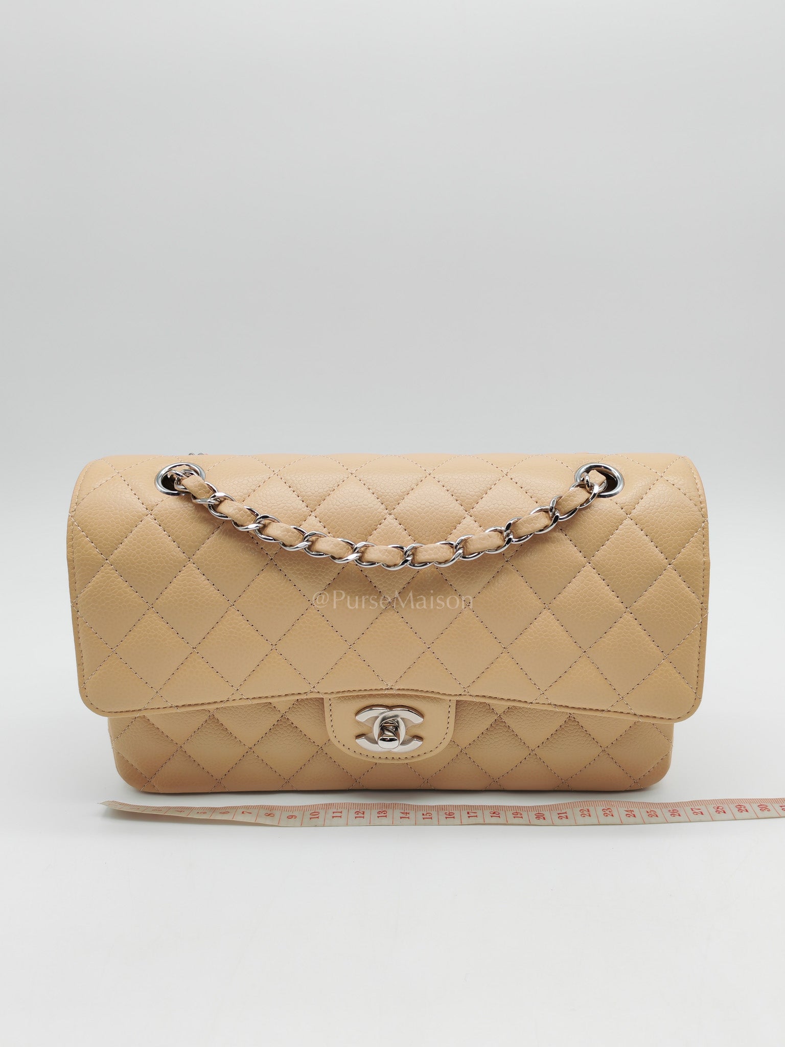Classic Double Flap Medium in Beige Clair Quilted Caviar Leather & Silver Hardware Microchip