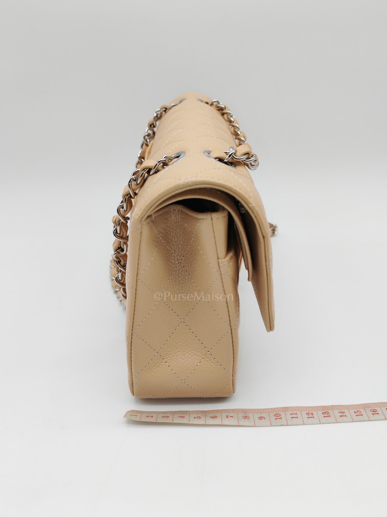 Classic Double Flap Medium in Beige Clair Quilted Caviar Leather & Silver Hardware Microchip