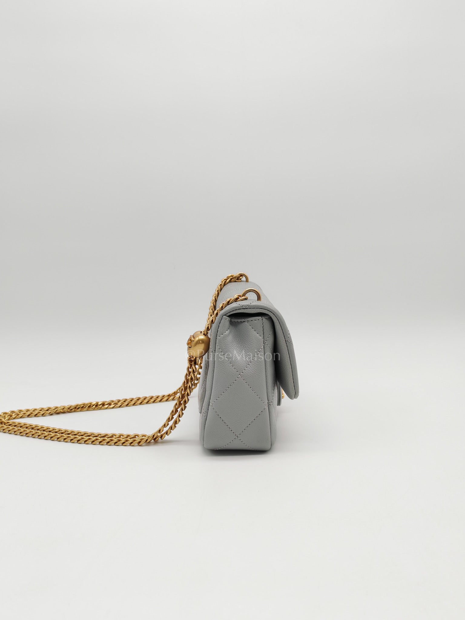24P Mini Flap Bag Sweetheart Rush in Gray Quilted Caviar Leather & Aged Gold Hardware Microchip