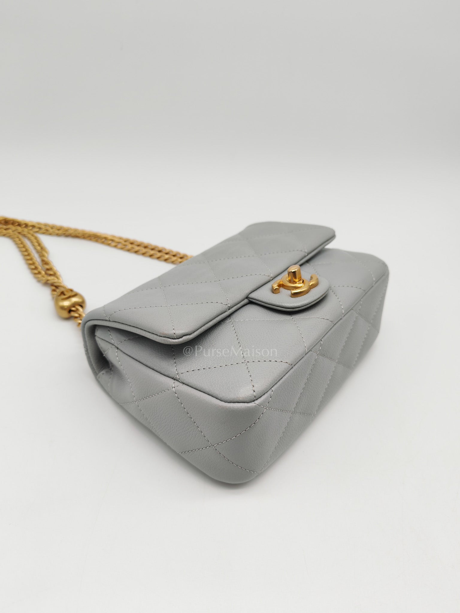 24P Mini Flap Bag Sweetheart Rush in Gray Quilted Caviar Leather & Aged Gold Hardware Microchip