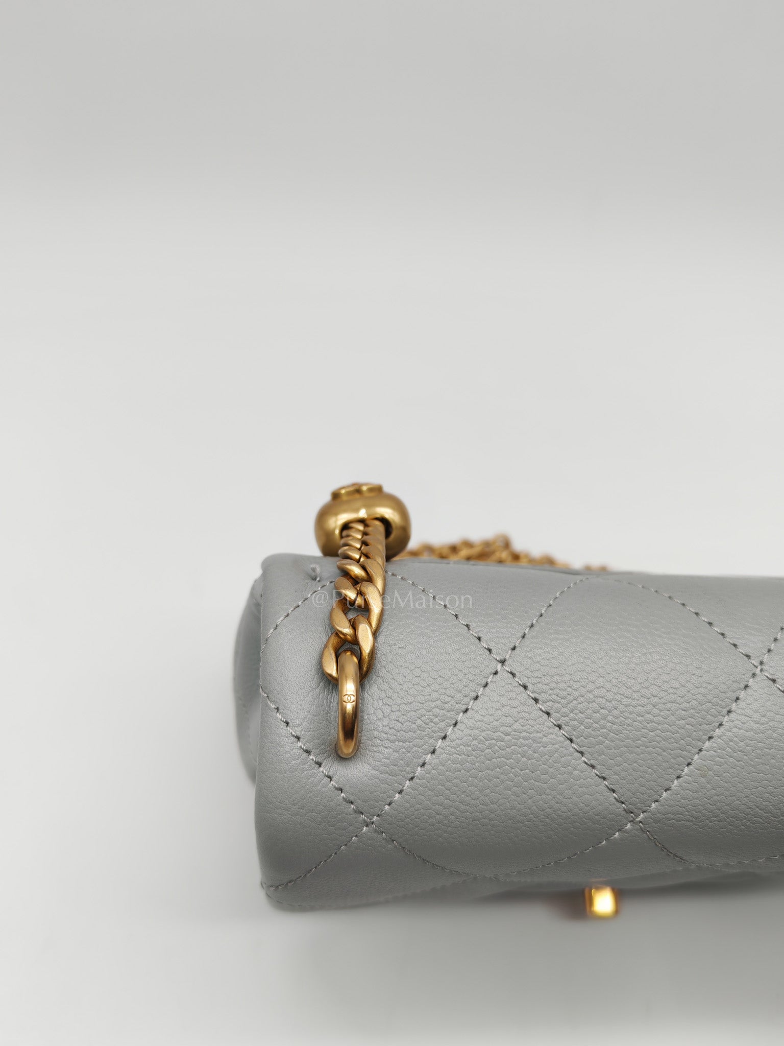 24P Mini Flap Bag Sweetheart Rush in Gray Quilted Caviar Leather & Aged Gold Hardware Microchip