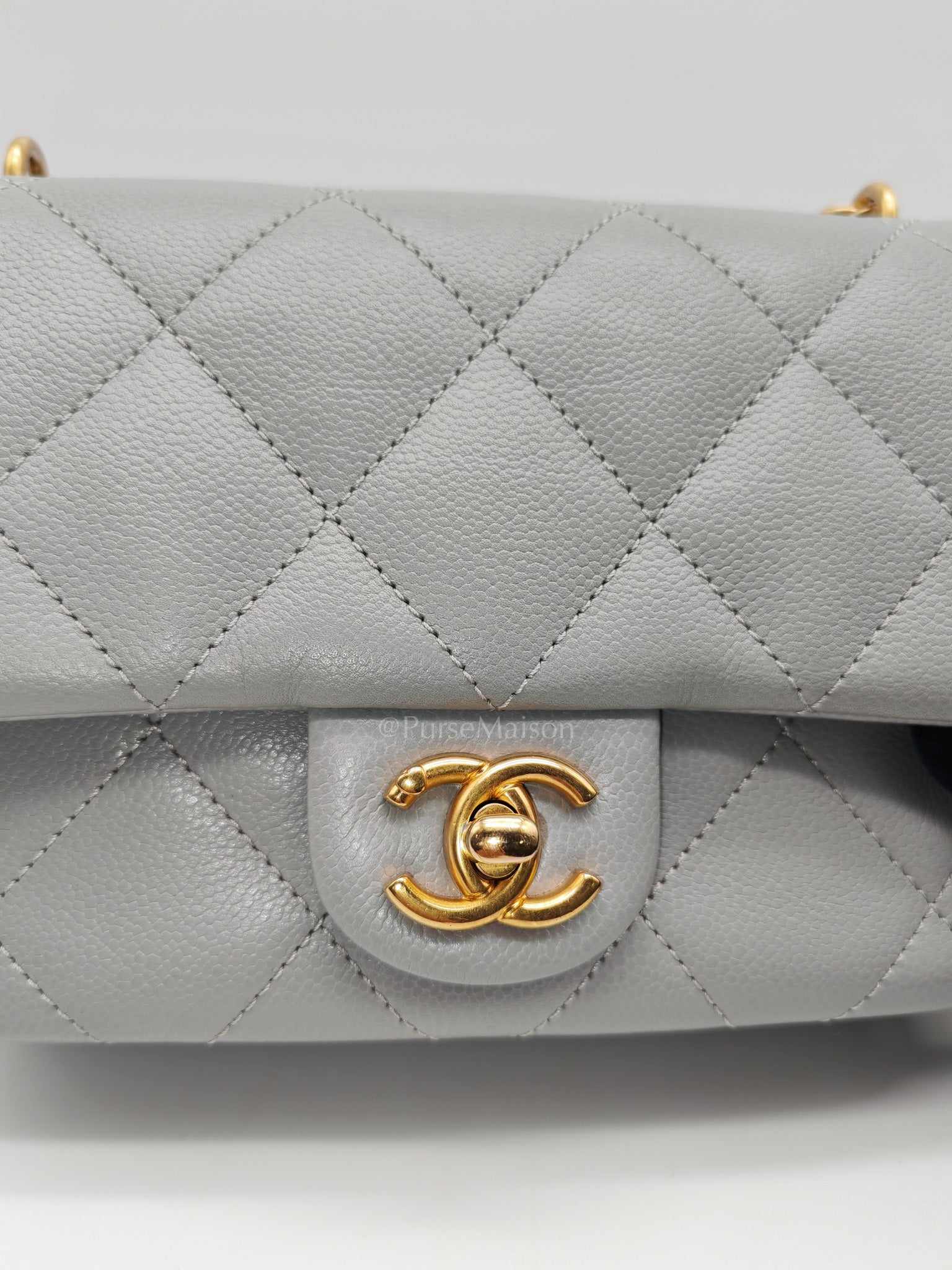 24P Mini Flap Bag Sweetheart Rush in Gray Quilted Caviar Leather & Aged Gold Hardware Microchip