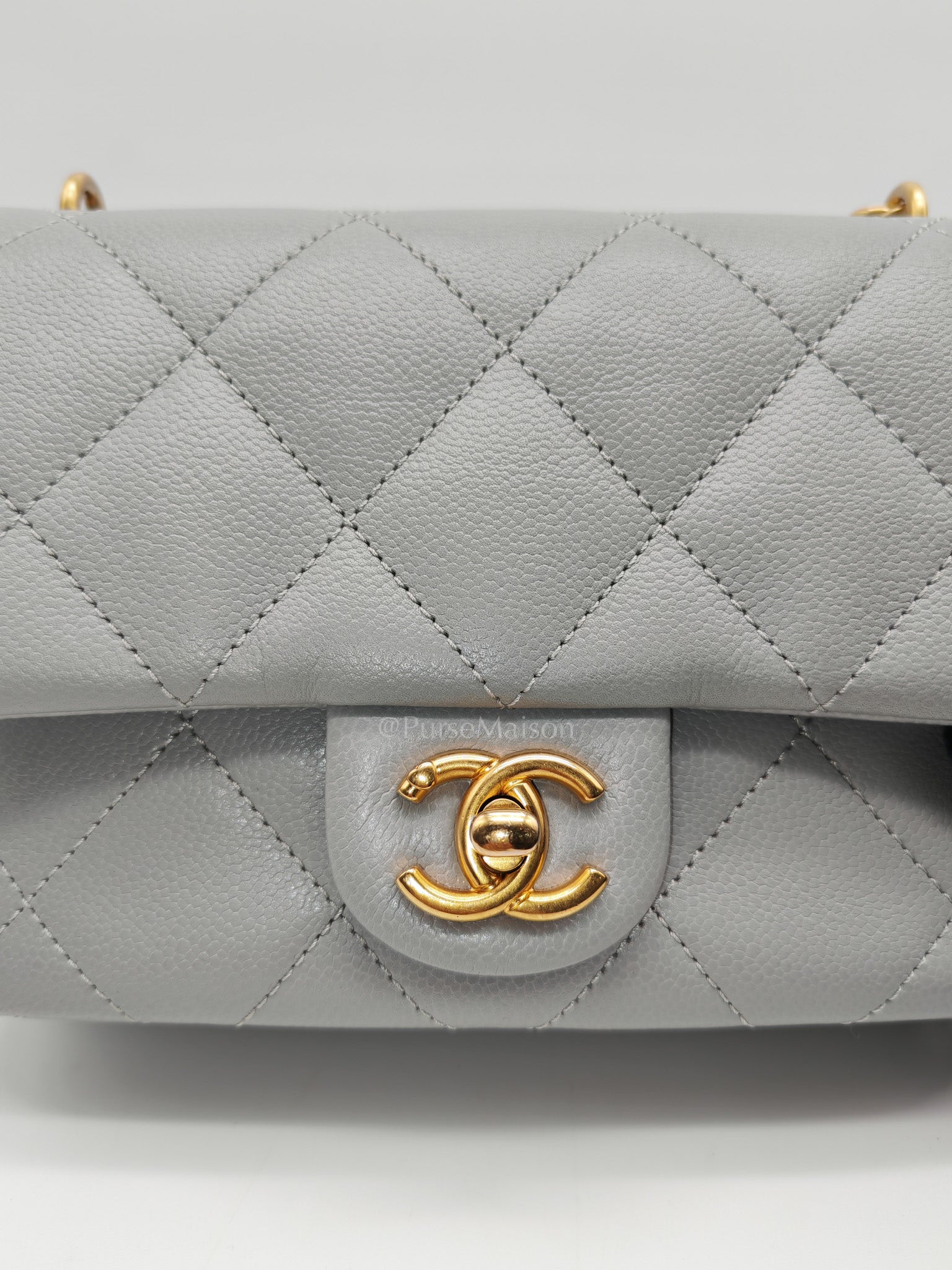 24P Mini Flap Bag Sweetheart Rush in Gray Quilted Caviar Leather & Aged Gold Hardware Microchip