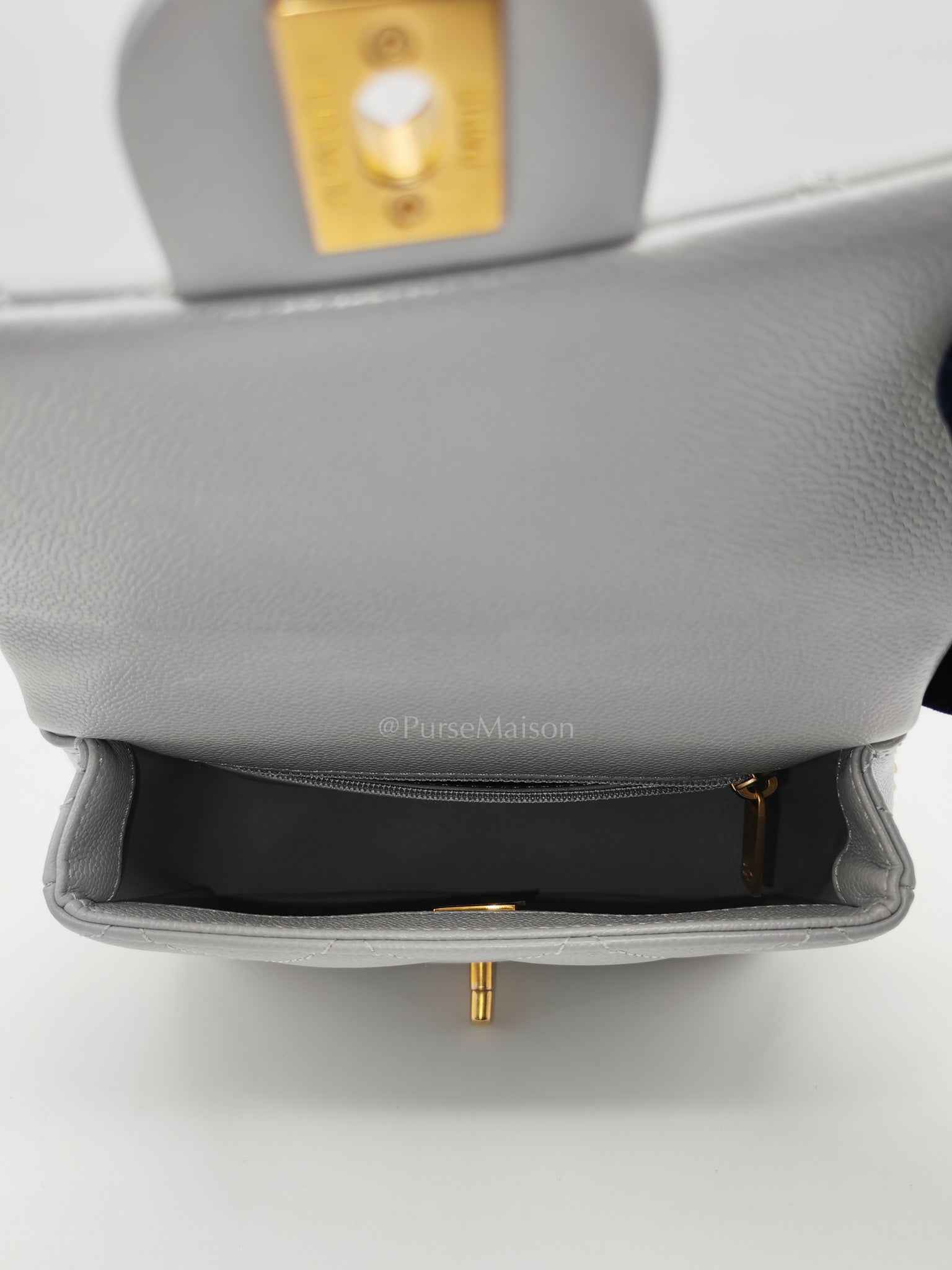 24P Mini Flap Bag Sweetheart Rush in Gray Quilted Caviar Leather & Aged Gold Hardware Microchip