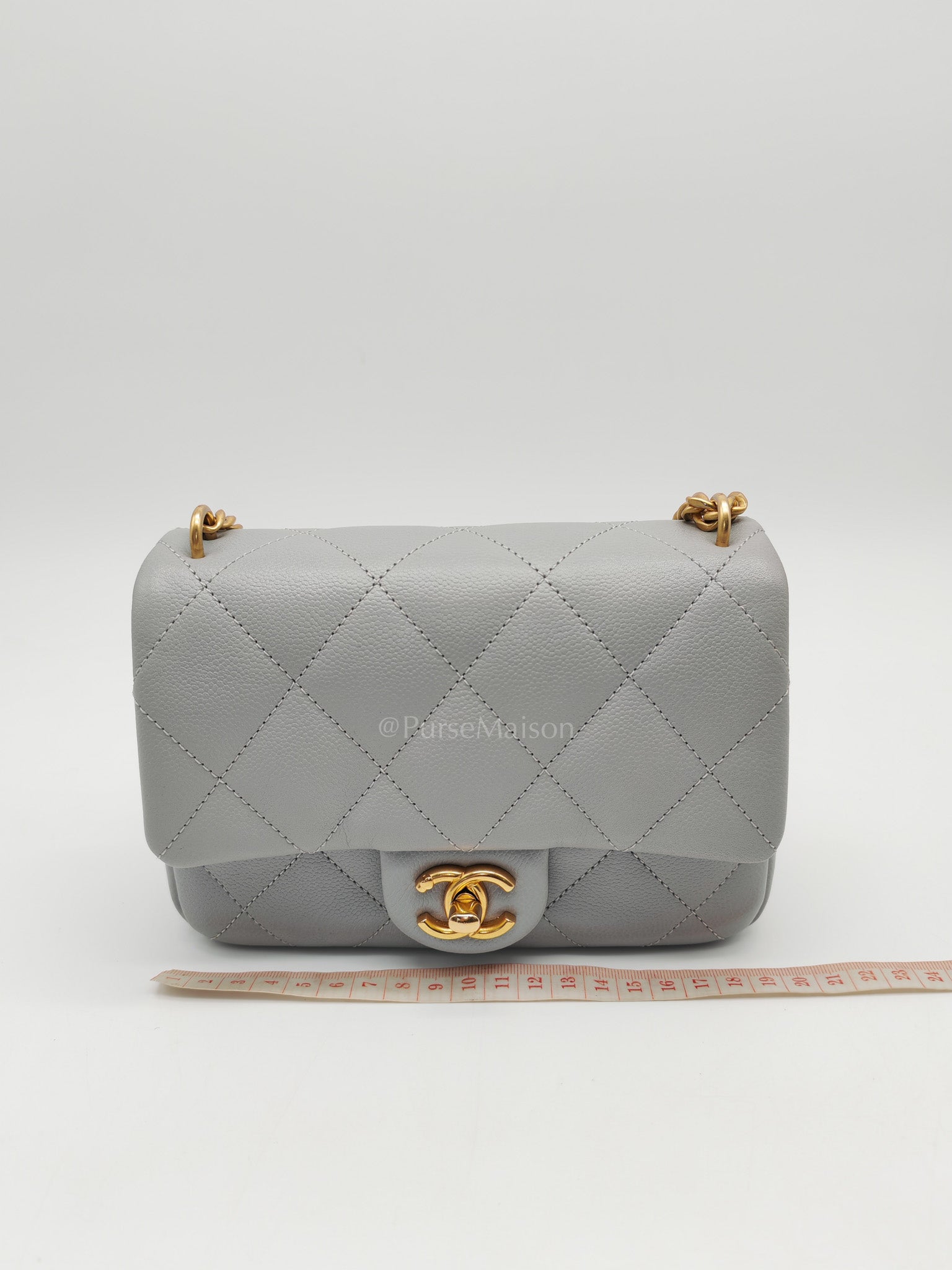 24P Mini Flap Bag Sweetheart Rush in Gray Quilted Caviar Leather & Aged Gold Hardware Microchip