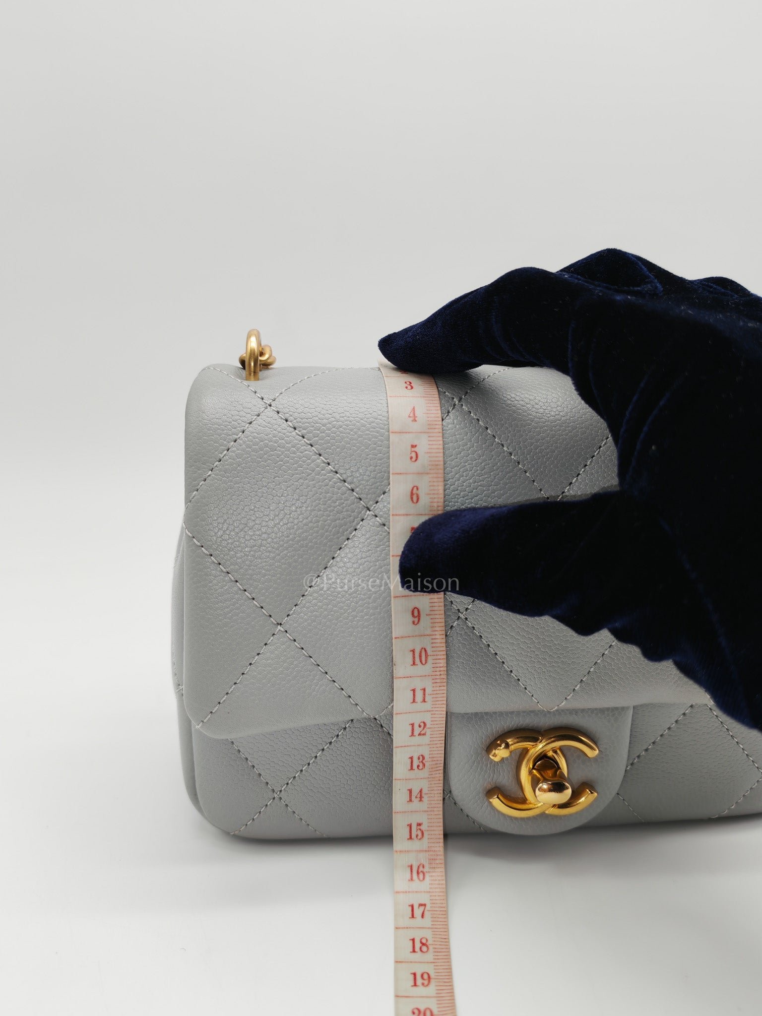 24P Mini Flap Bag Sweetheart Rush in Gray Quilted Caviar Leather & Aged Gold Hardware Microchip