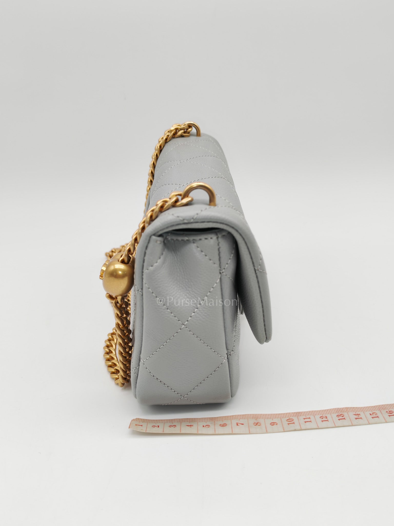 24P Mini Flap Bag Sweetheart Rush in Gray Quilted Caviar Leather & Aged Gold Hardware Microchip