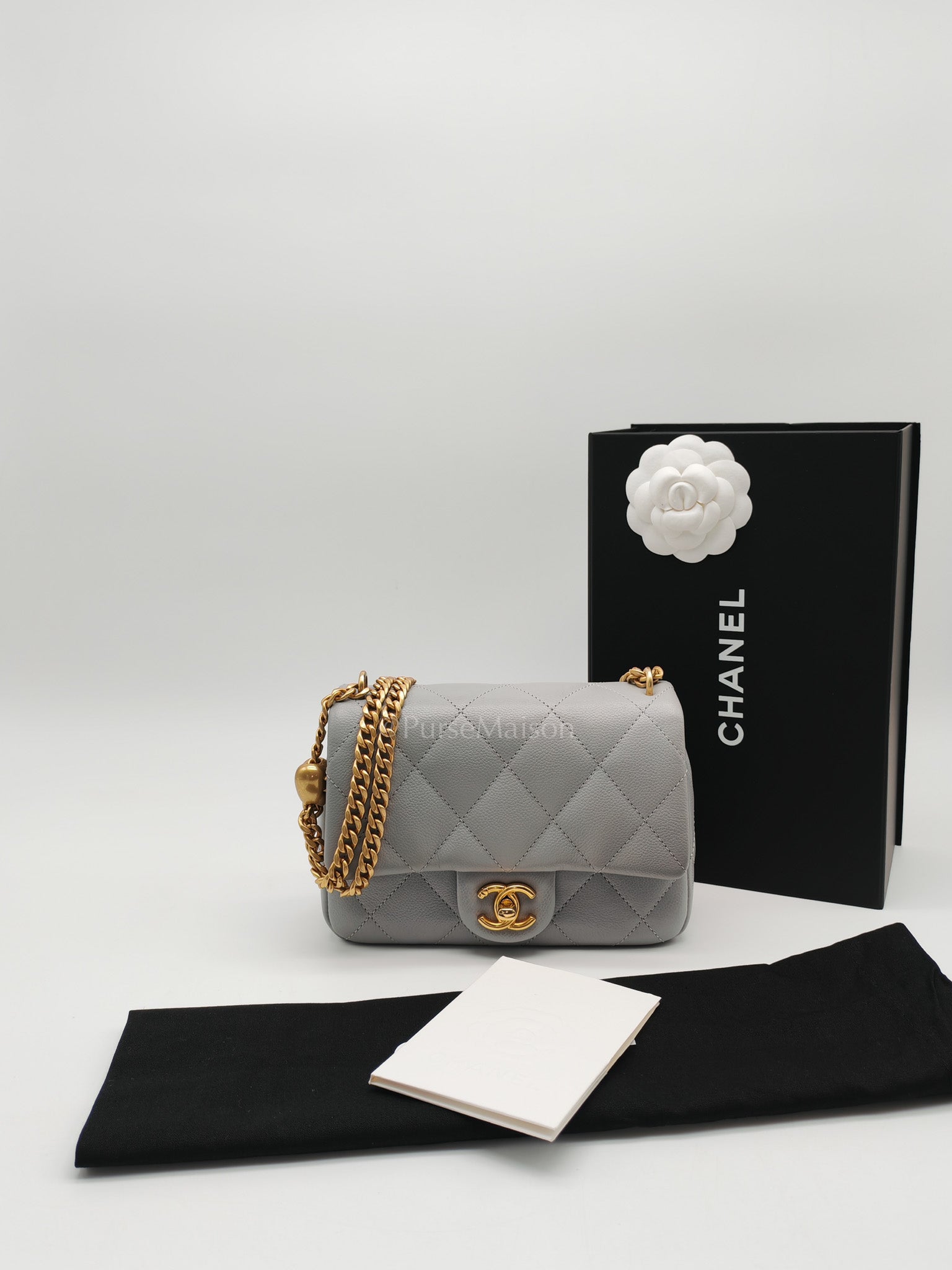 24P Mini Flap Bag Sweetheart Rush in Gray Quilted Caviar Leather & Aged Gold Hardware Microchip