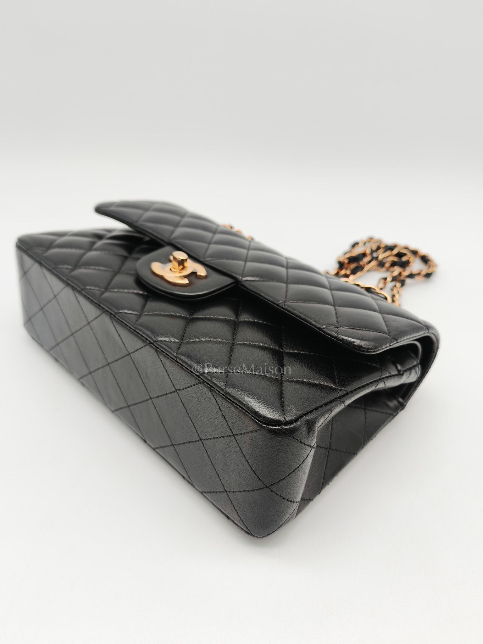 Classic Double Flap Small in Black Quilted Lambskin Leather & Rose Gold Hardware Microchip