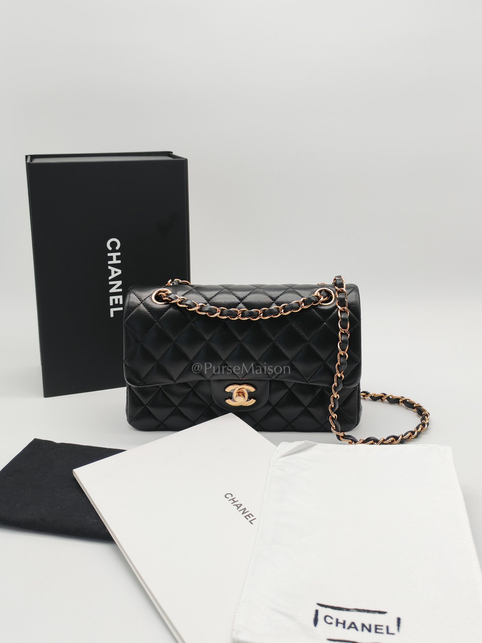Classic Double Flap Small in Black Quilted Lambskin Leather & Rose Gold Hardware Microchip