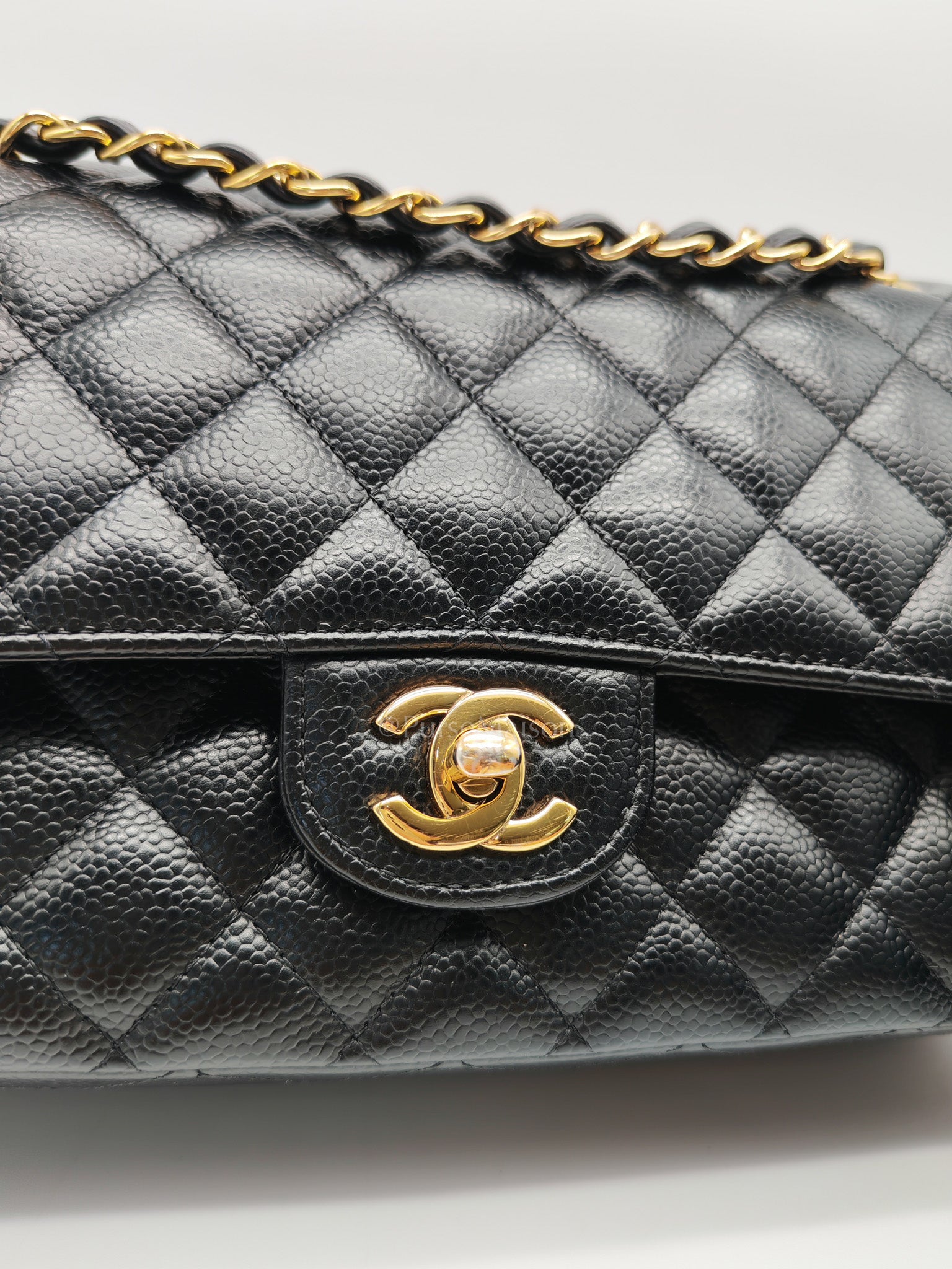 Classic Double Flap Bag Medium in Black Quilted Caviar Leather and Gold Hardware Series 30