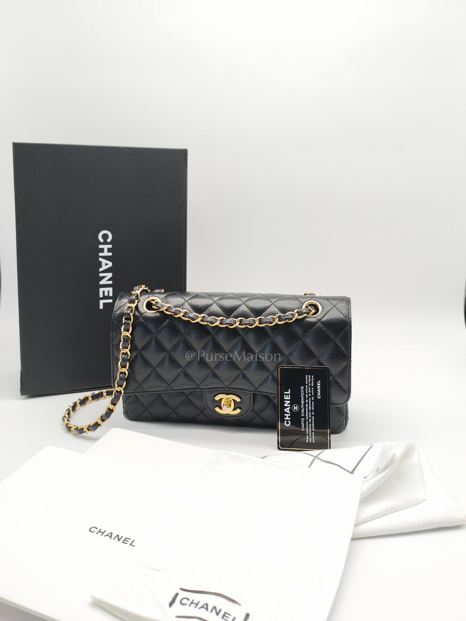 Classic Double Flap Bag Medium in Black Quilted Caviar Leather and Gold Hardware Series 30
