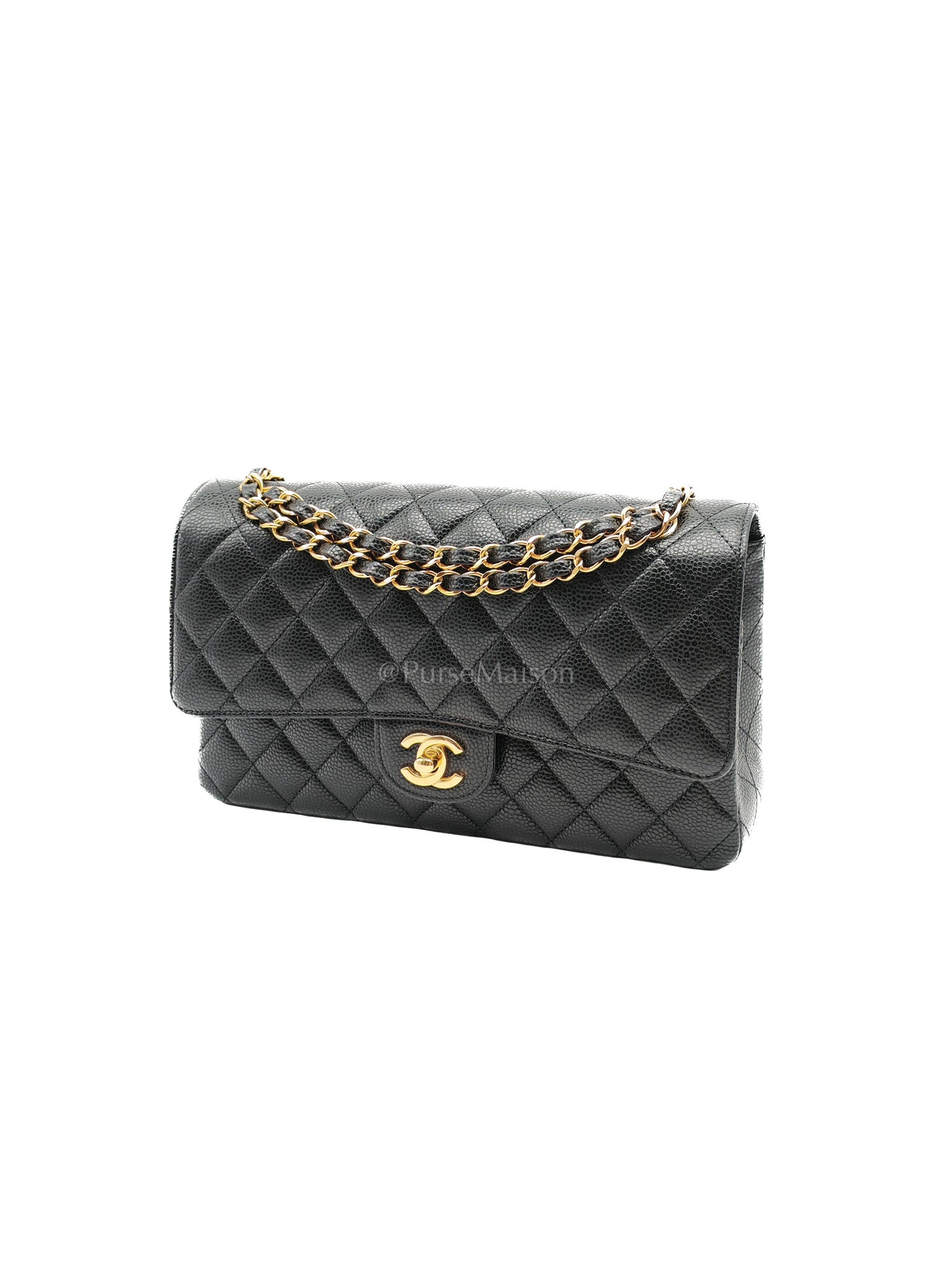 Classic Double Flap Bag Medium in Black Quilted Caviar Leather and Gold Hardware Microchip