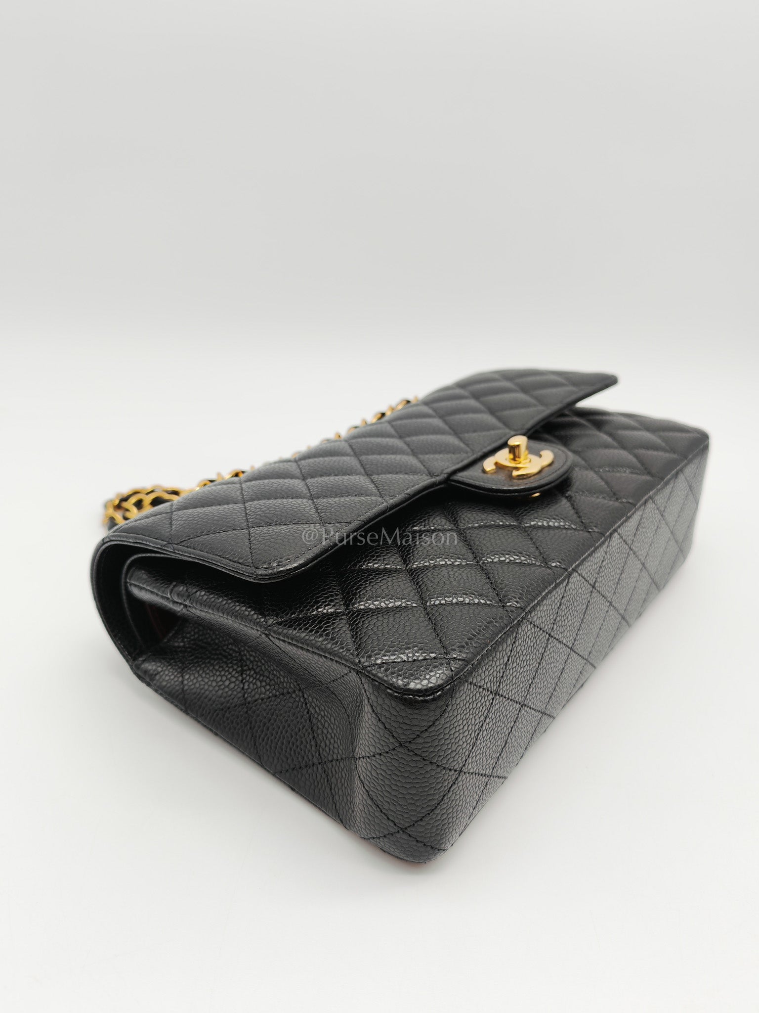 Classic Double Flap Bag Medium in Black Quilted Caviar Leather and Gold Hardware Microchip