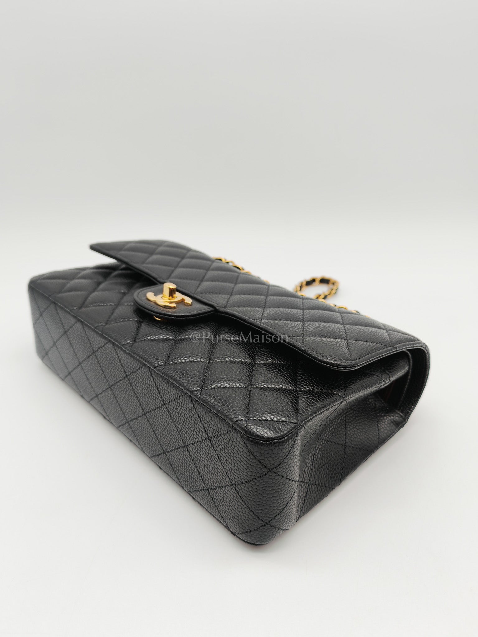 Classic Double Flap Bag Medium in Black Quilted Caviar Leather and Gold Hardware Microchip