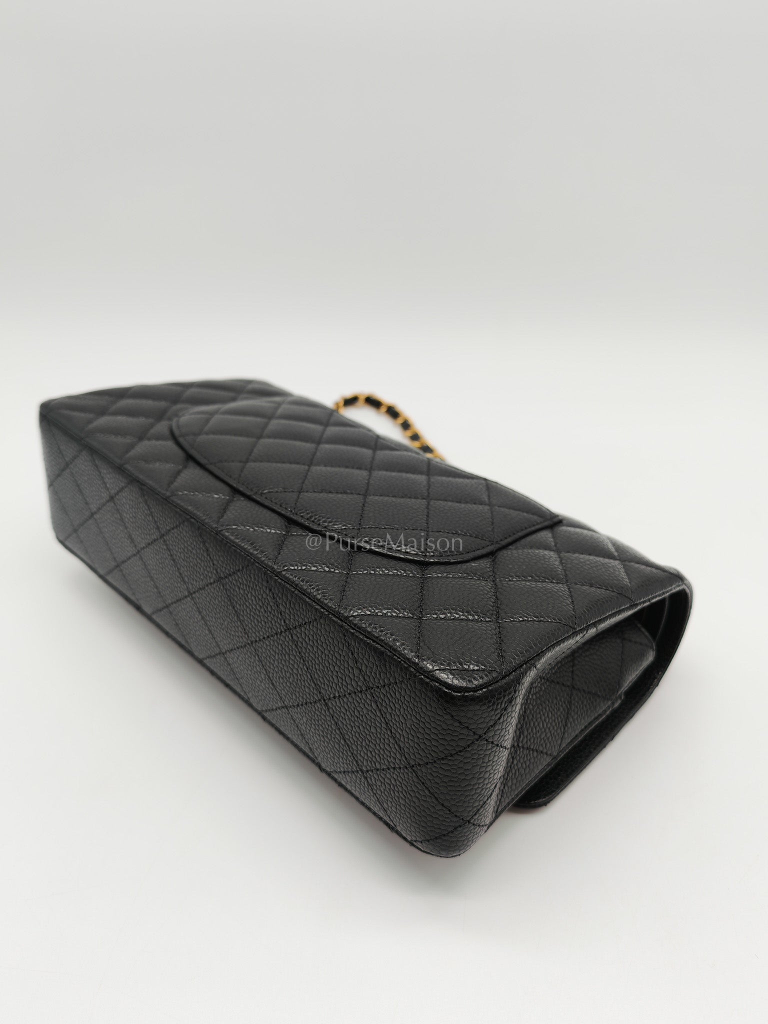 Classic Double Flap Bag Medium in Black Quilted Caviar Leather and Gold Hardware Microchip