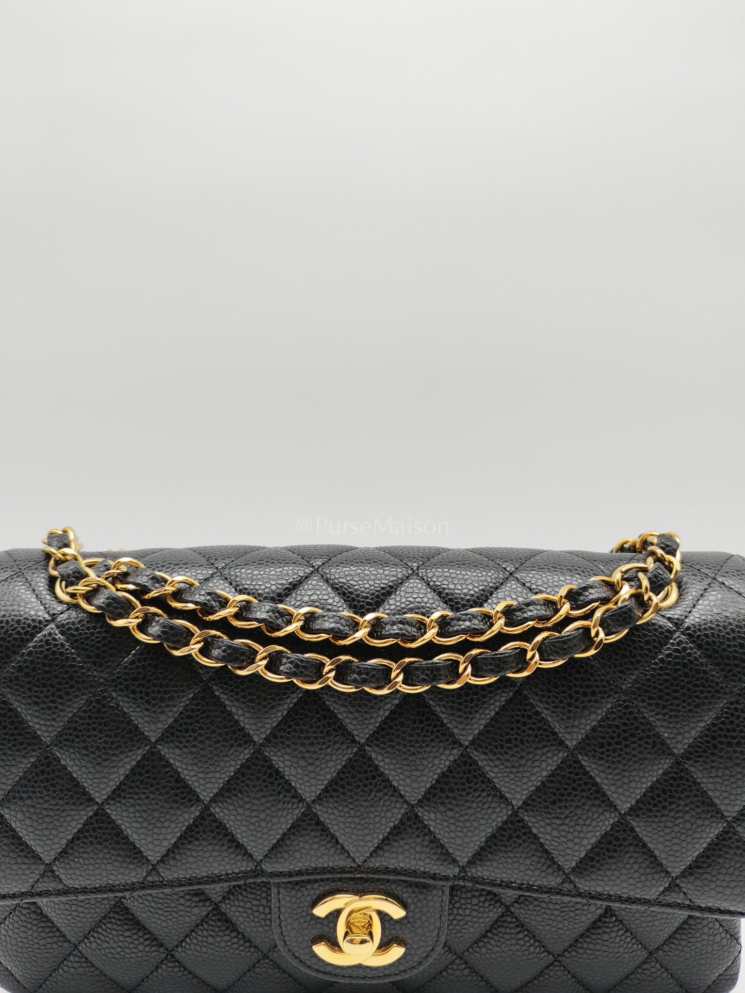 Classic Double Flap Bag Medium in Black Quilted Caviar Leather and Gold Hardware Microchip