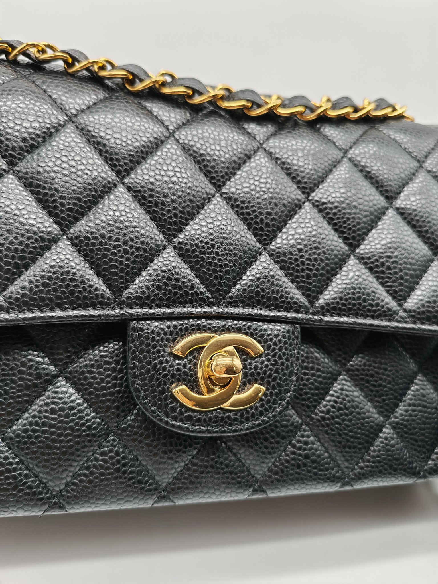 Classic Double Flap Bag Medium in Black Quilted Caviar Leather and Gold Hardware Microchip