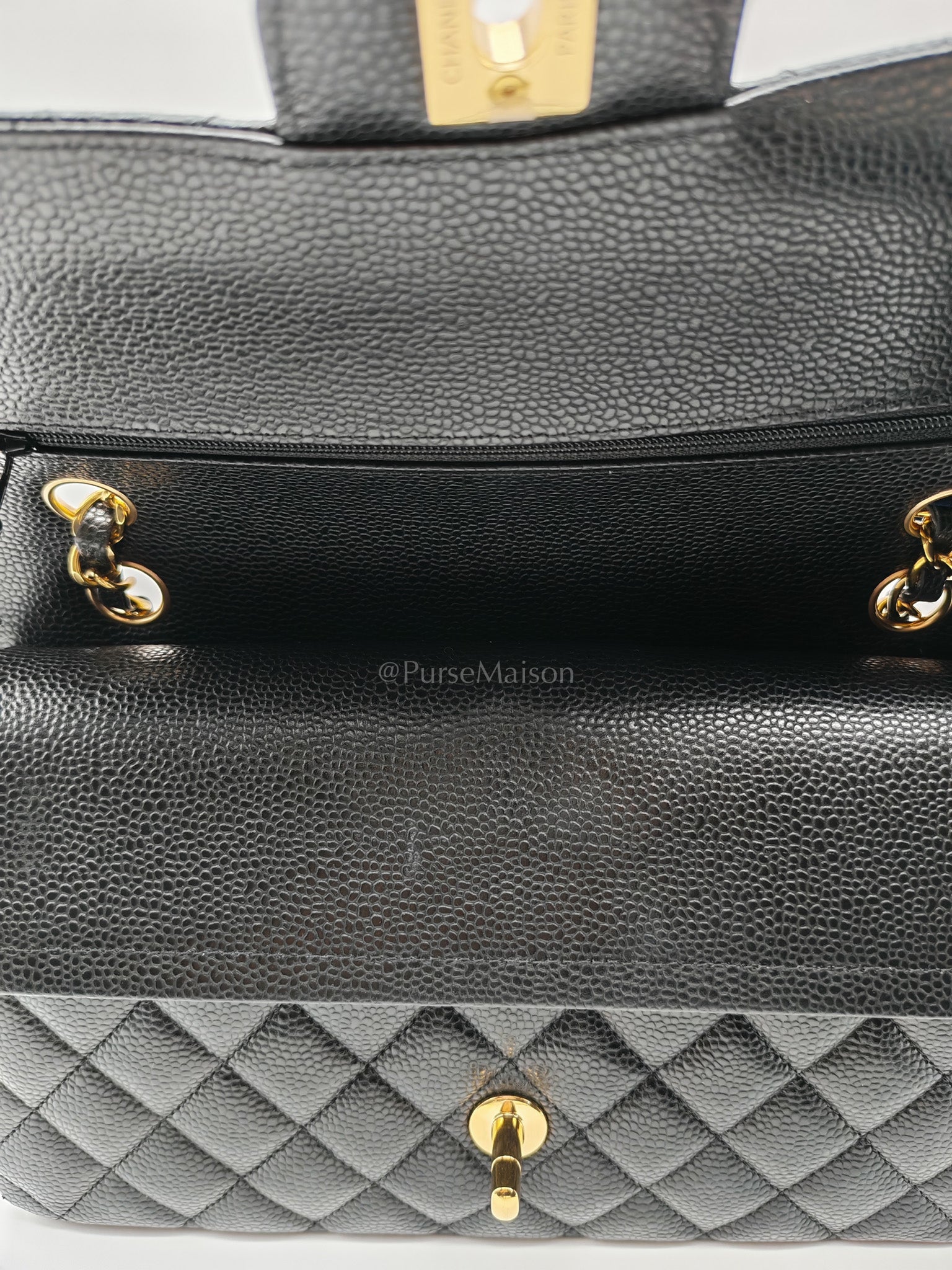 Classic Double Flap Bag Medium in Black Quilted Caviar Leather and Gold Hardware Microchip