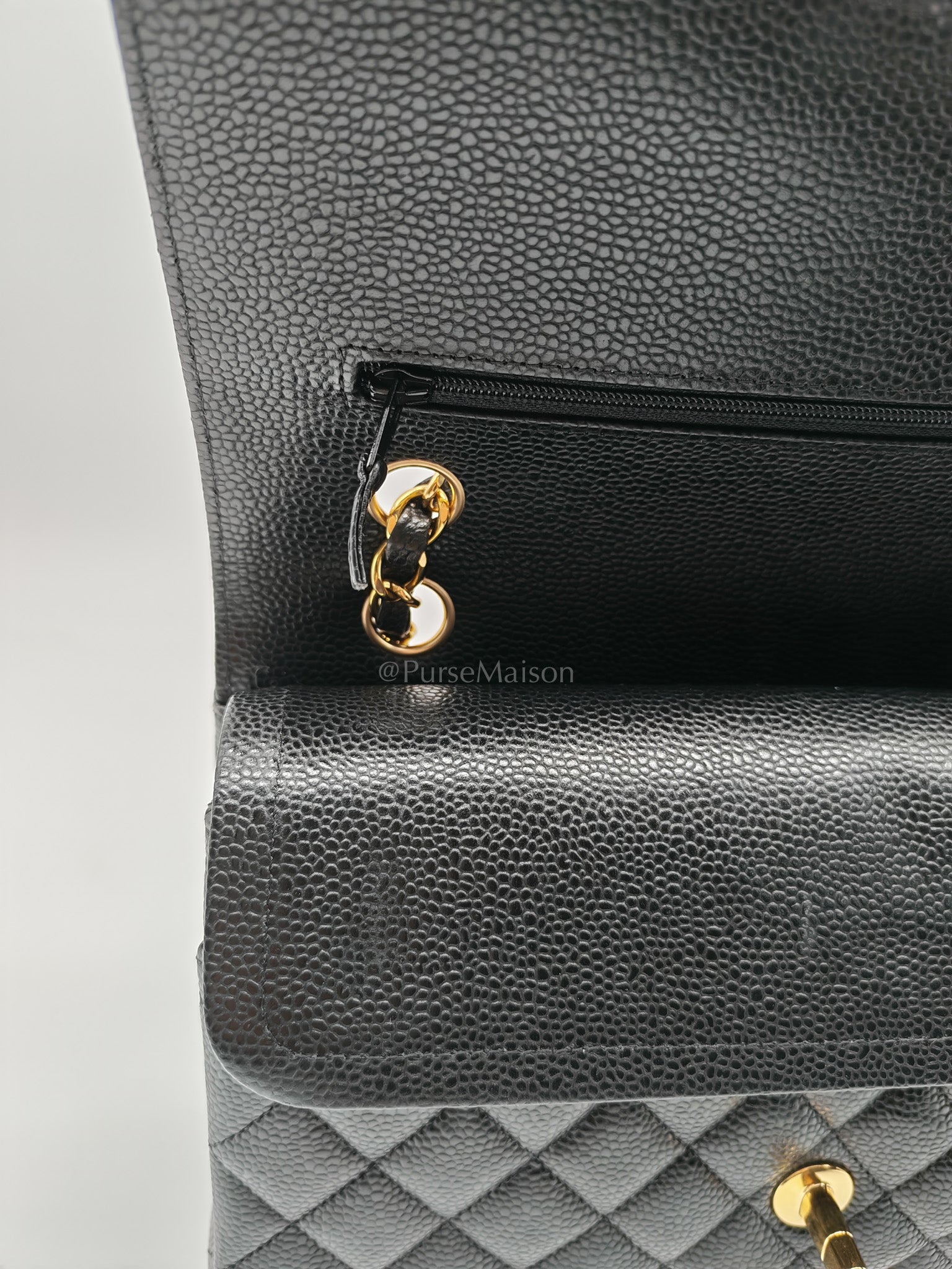 Classic Double Flap Bag Medium in Black Quilted Caviar Leather and Gold Hardware Microchip