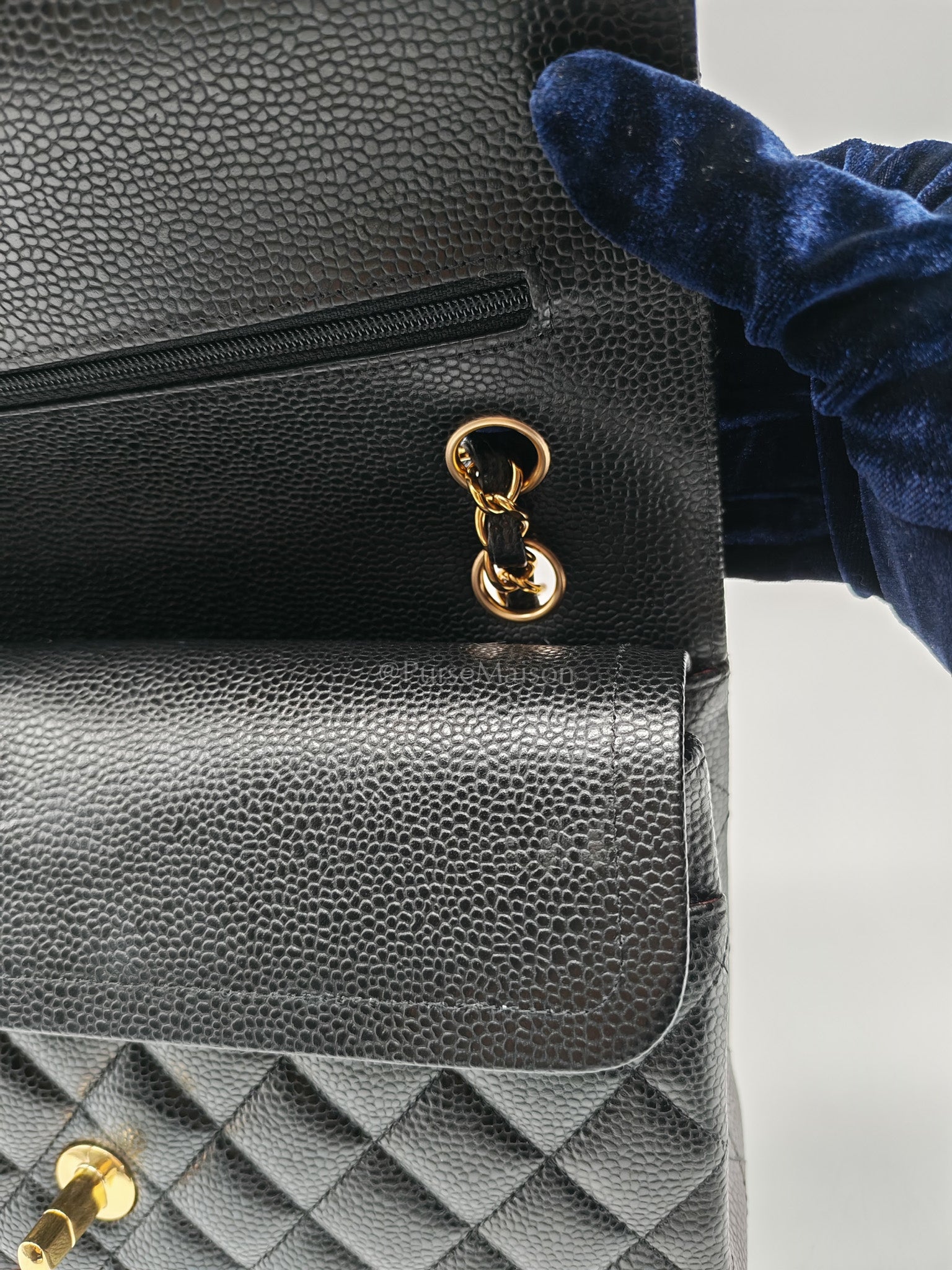 Classic Double Flap Bag Medium in Black Quilted Caviar Leather and Gold Hardware Microchip