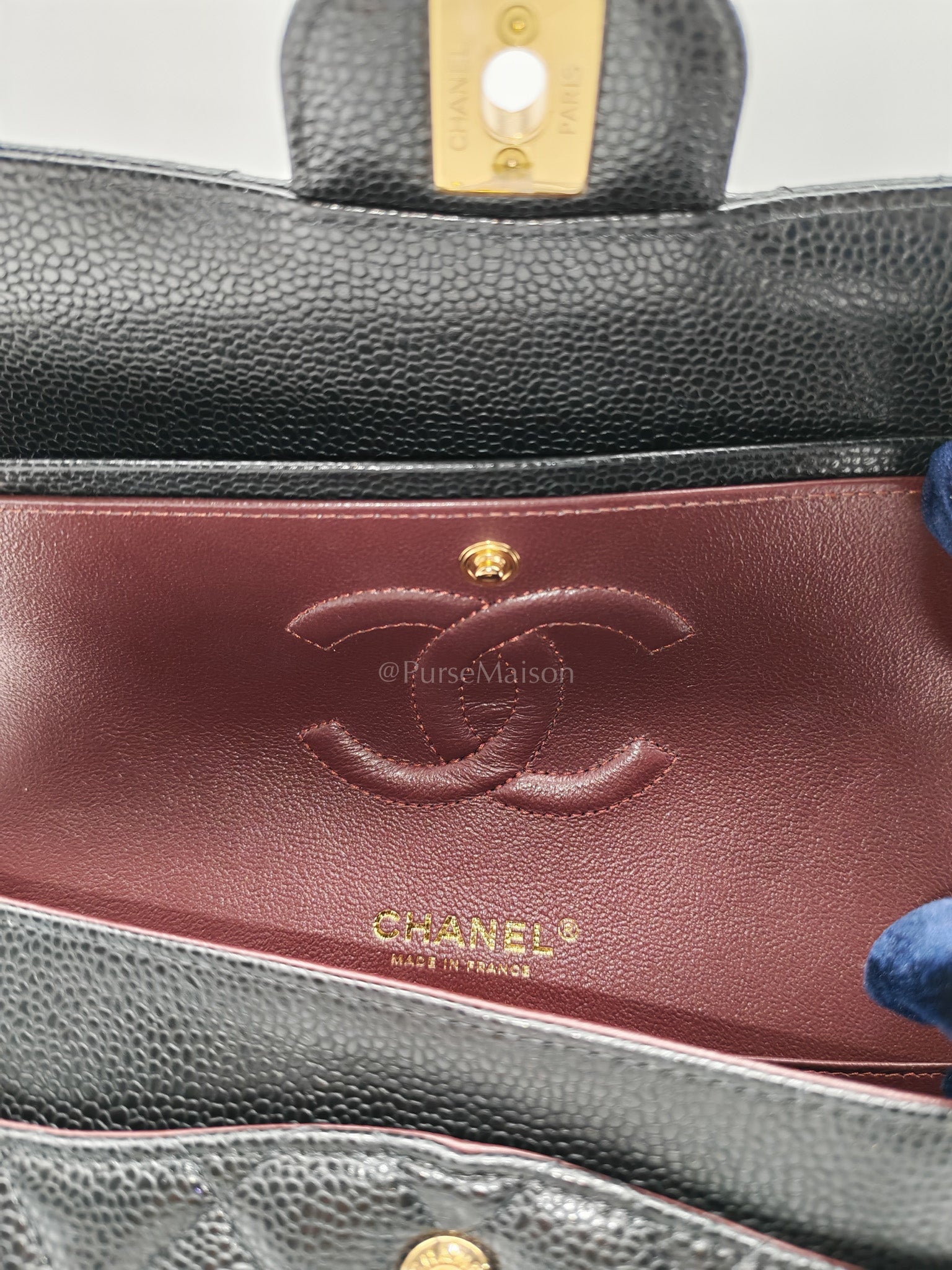 Classic Double Flap Bag Medium in Black Quilted Caviar Leather and Gold Hardware Microchip