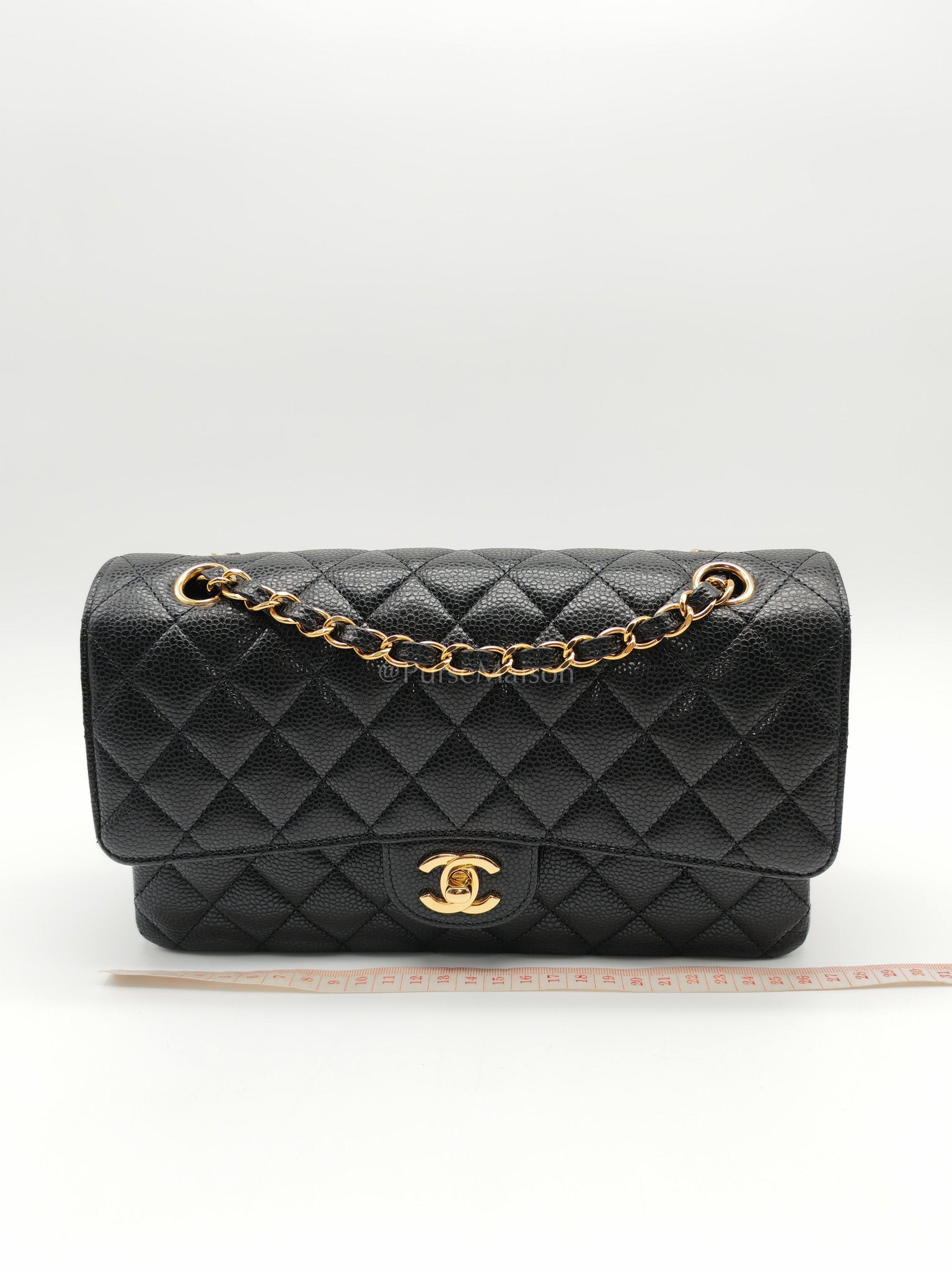 Classic Double Flap Bag Medium in Black Quilted Caviar Leather and Gold Hardware Microchip