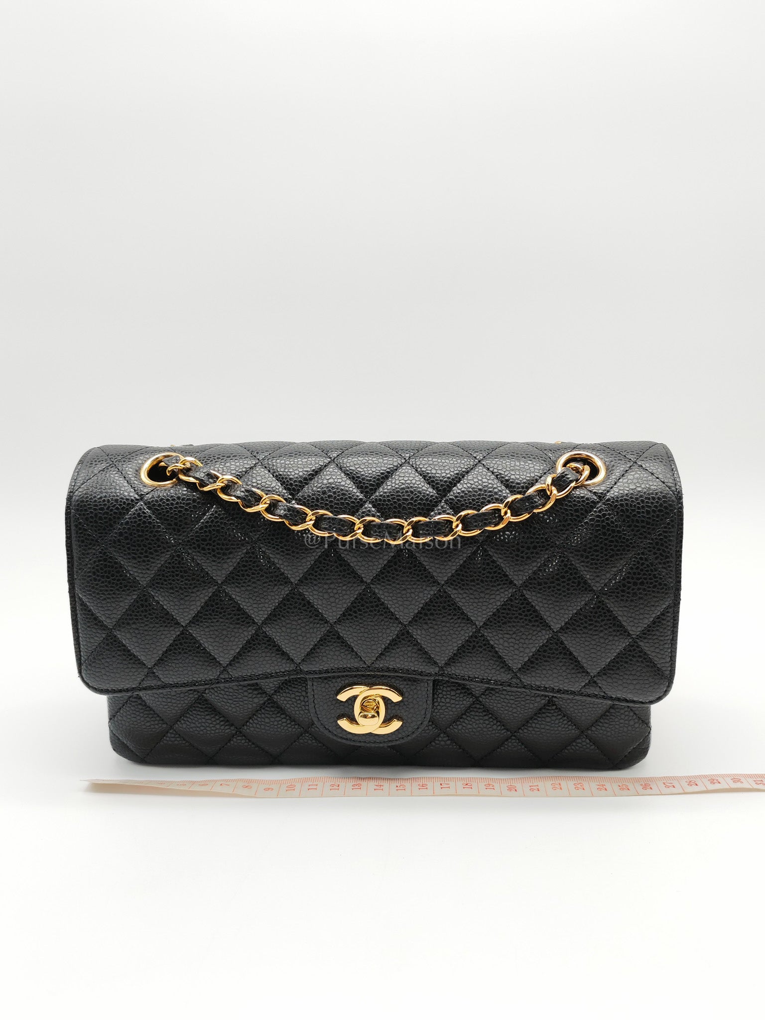 Classic Double Flap Bag Medium in Black Quilted Caviar Leather and Gold Hardware Microchip