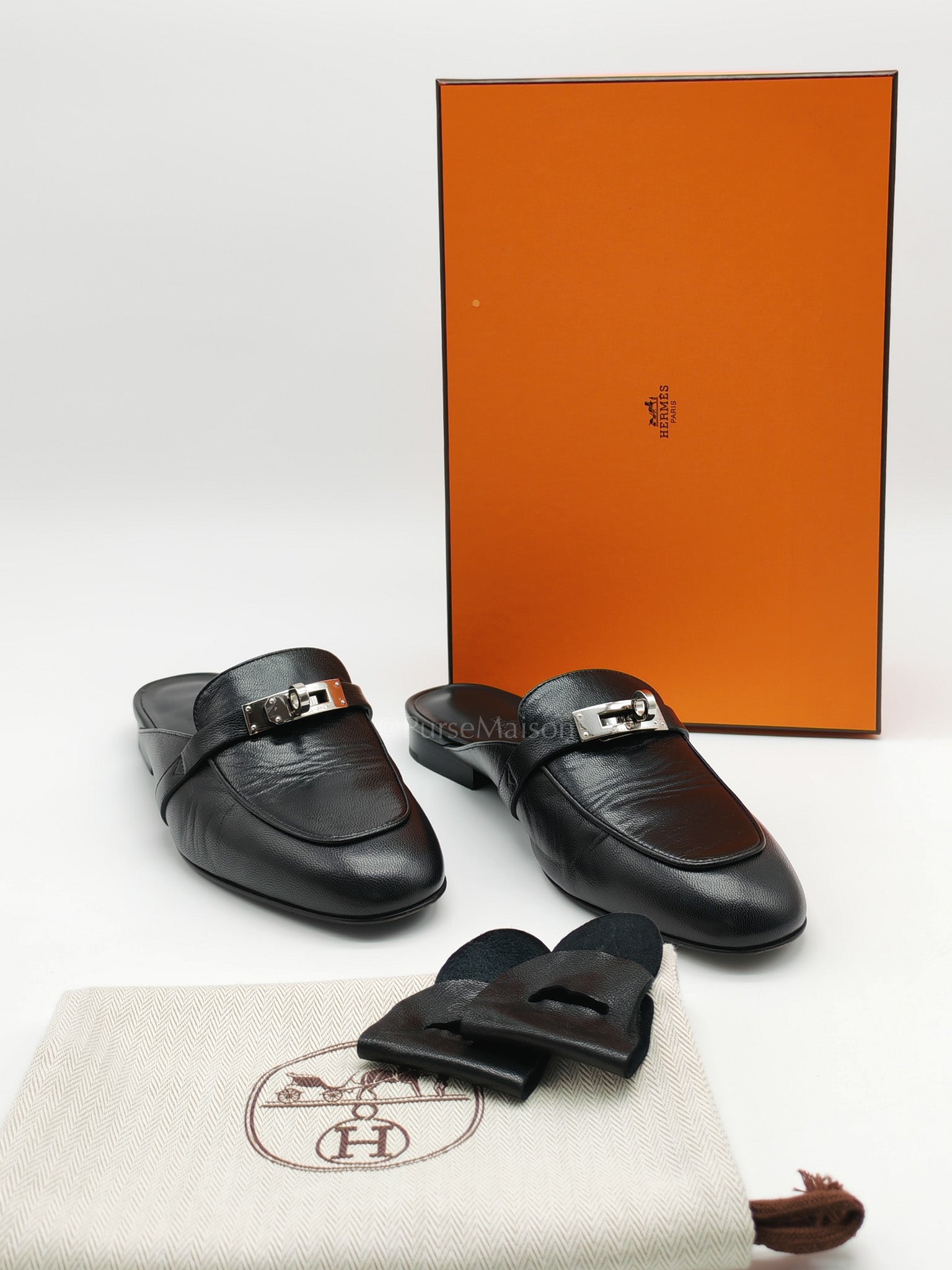 Oz Mules Black/Noir Goatskin Leather in Palladium Hardware Size 36.5 EU (24.5cm) | Purse Maison Luxury Bags Shop