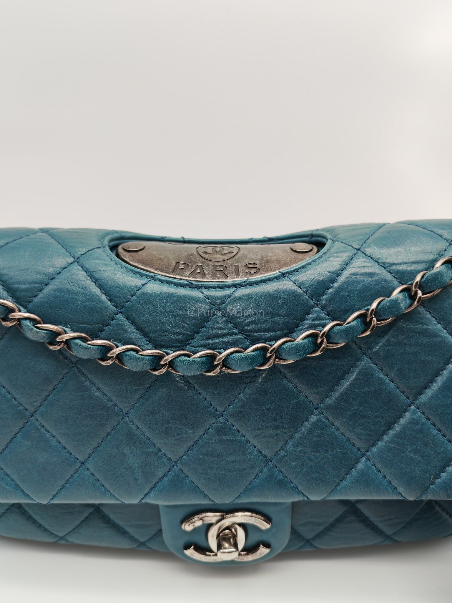 Paris Dallas CC Double Flap in Turquoise Quilted Calfskin Leather Ruthenium Hardware (Series 19) | Purse Maison Luxury Bags Shop