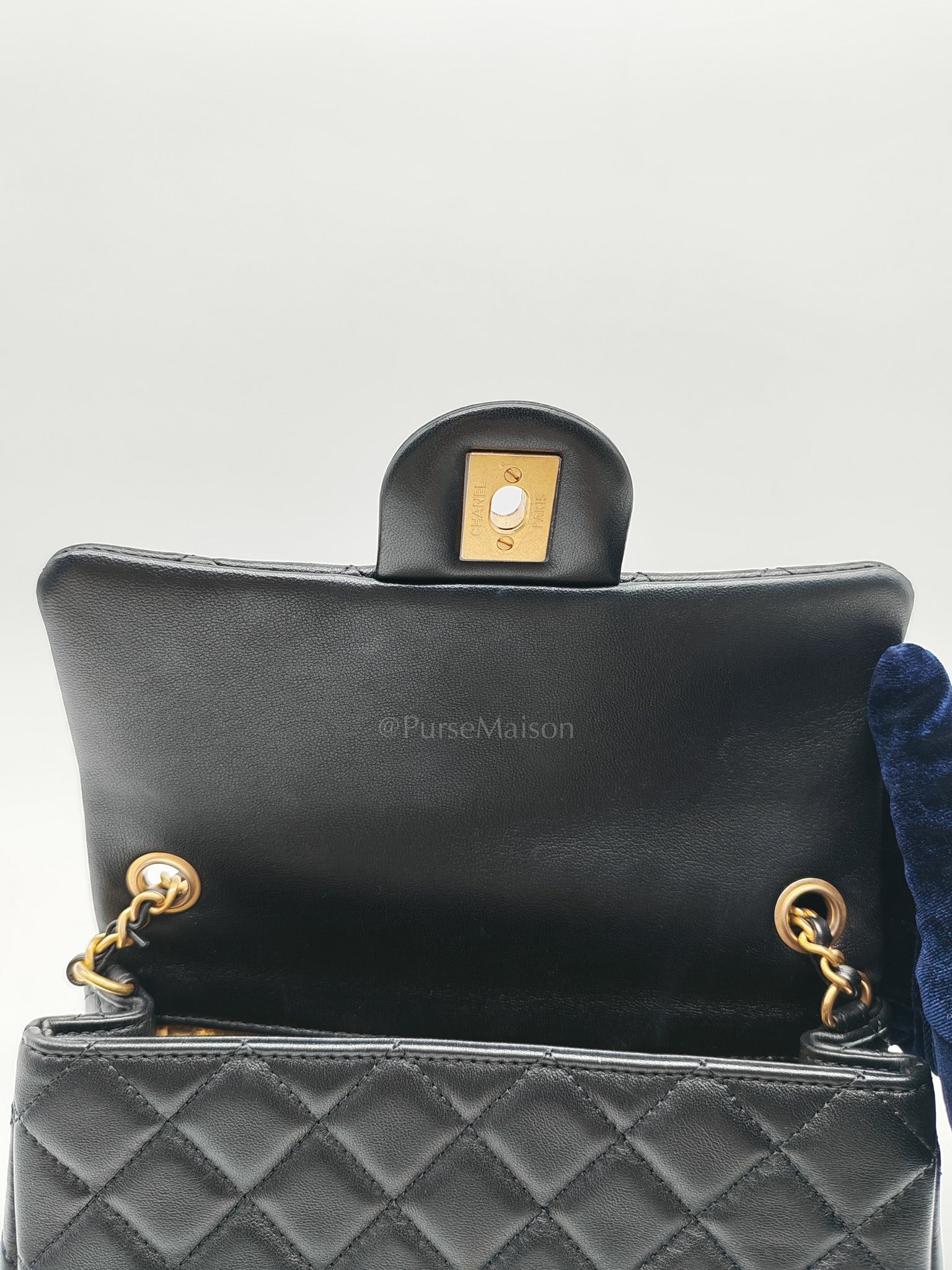 Mini Rectangle Pearl Crush in Black Lambskin Leather & Aged Gold Hardware Microchip