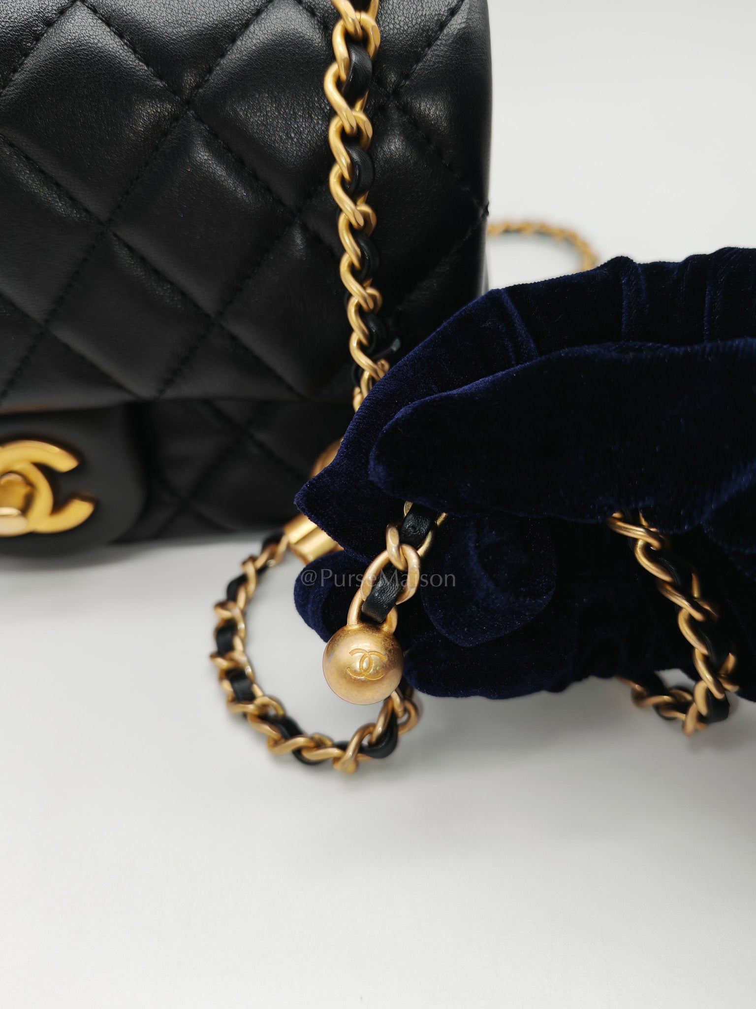 Mini Rectangle Pearl Crush in Black Lambskin Leather & Aged Gold Hardware Microchip
