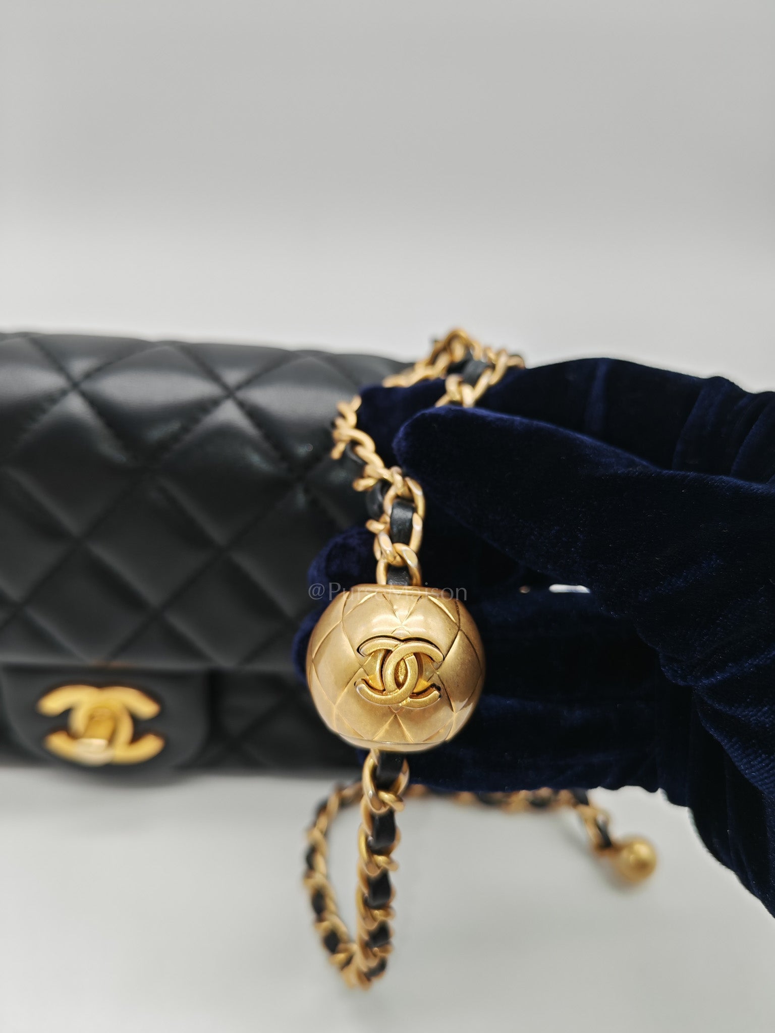Mini Rectangle Pearl Crush in Black Lambskin Leather & Aged Gold Hardware Microchip
