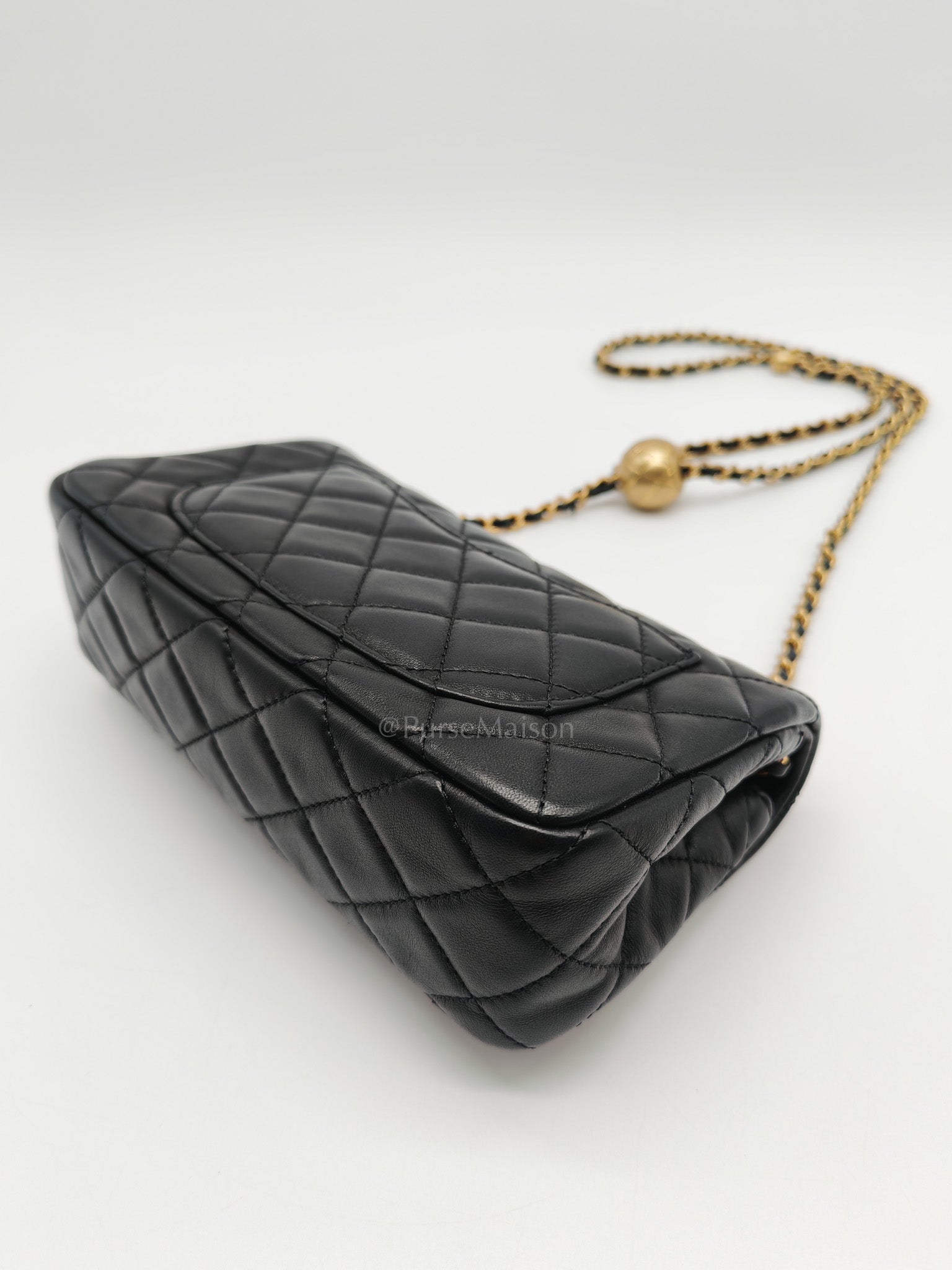 Mini Rectangle Pearl Crush in Black Lambskin Leather & Aged Gold Hardware Microchip