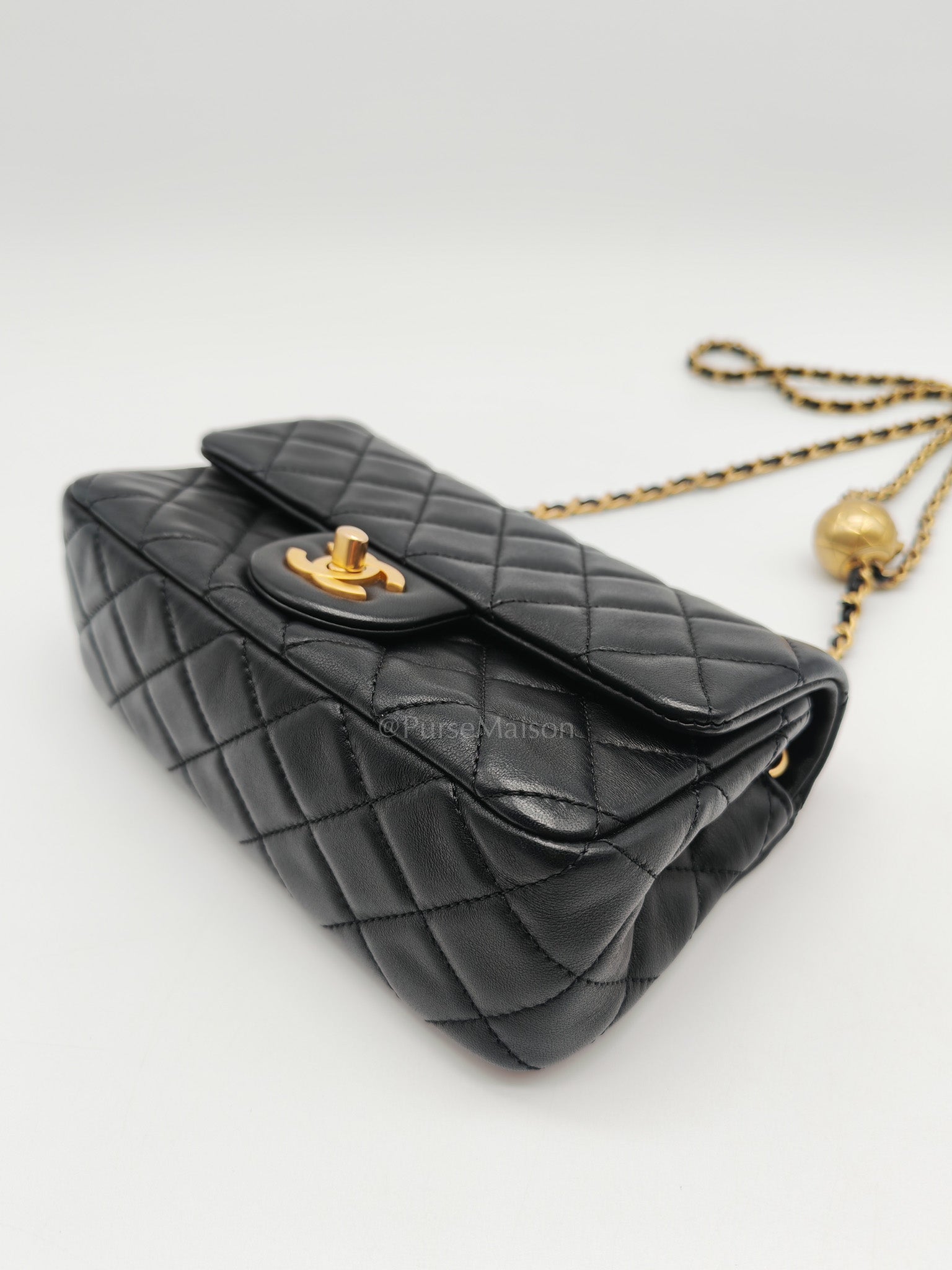 Mini Rectangle Pearl Crush in Black Lambskin Leather & Aged Gold Hardware Microchip