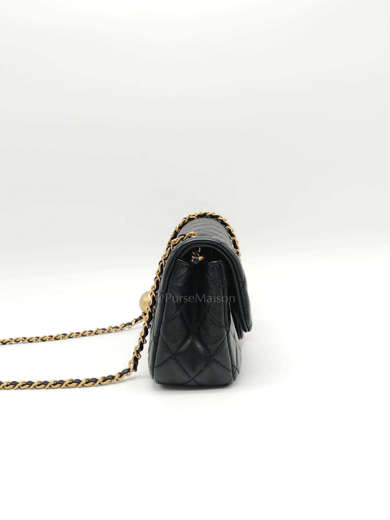 Mini Rectangle Pearl Crush in Black Lambskin Leather & Aged Gold Hardware Microchip