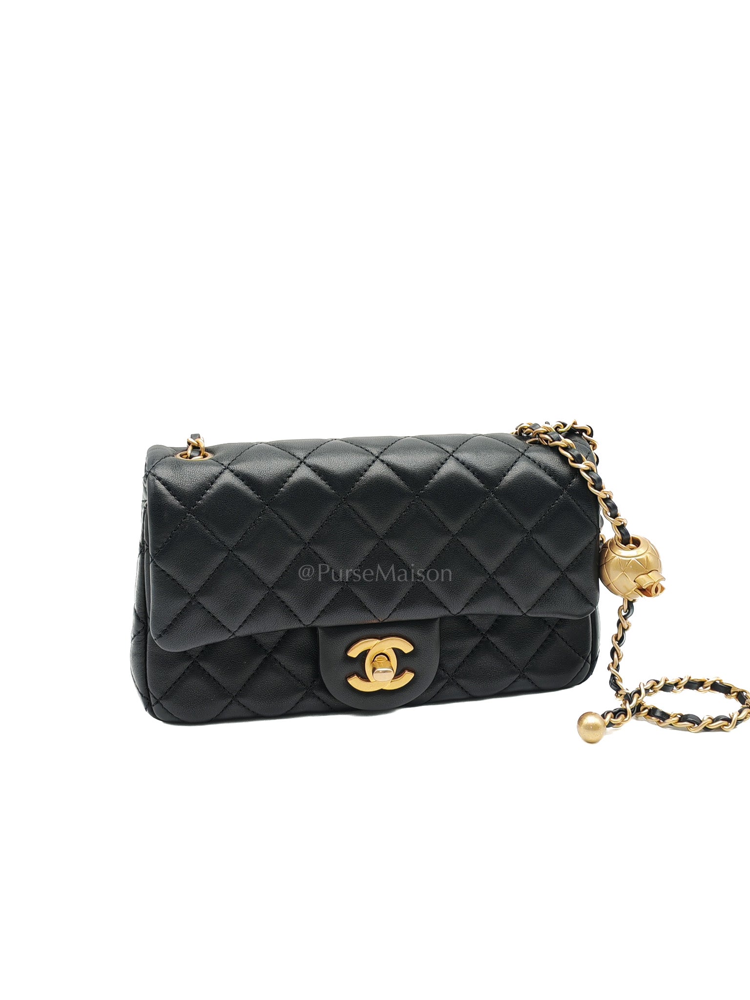 Mini Rectangle Pearl Crush in Black Lambskin Leather & Aged Gold Hardware Microchip