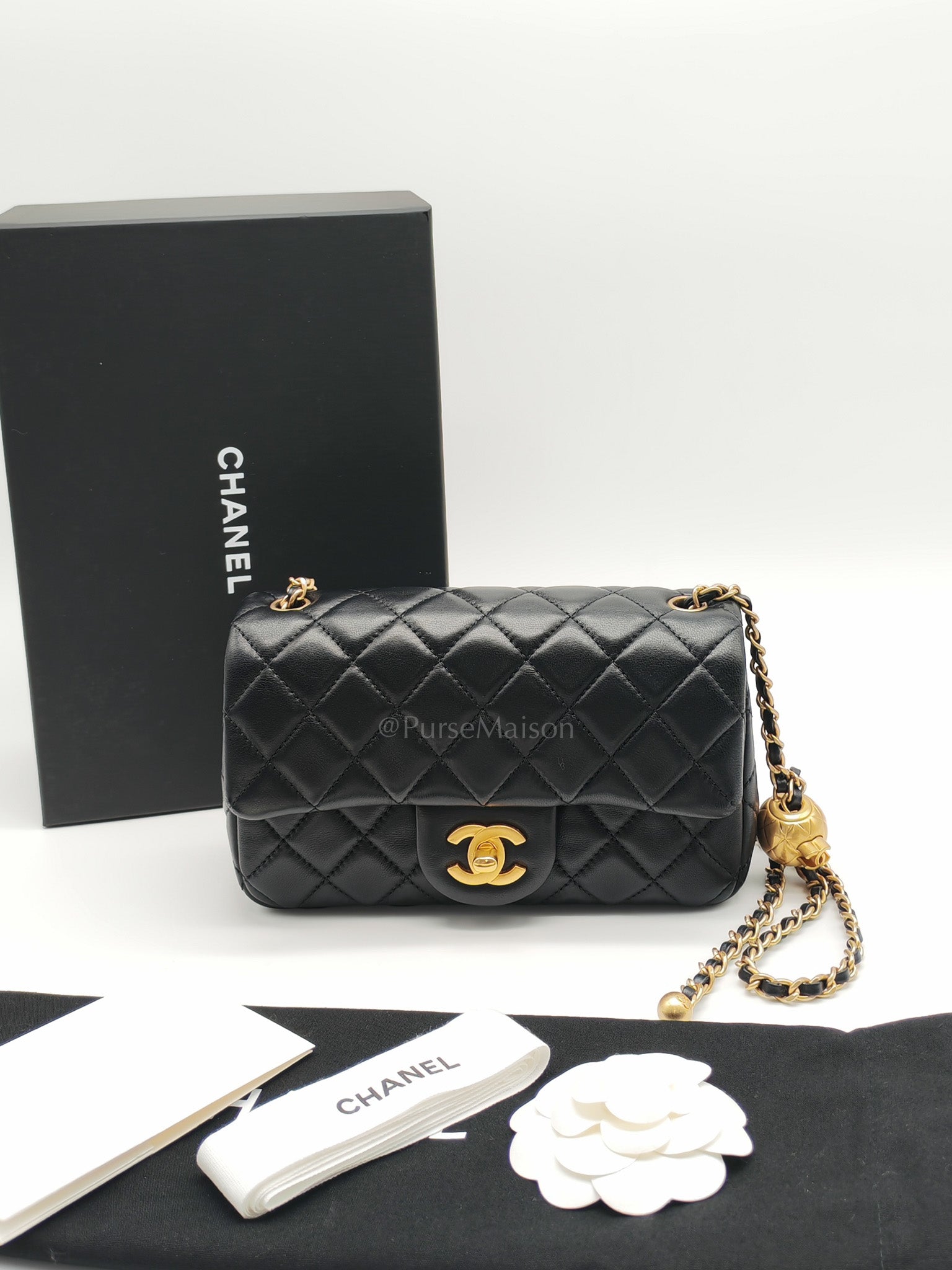 Mini Rectangle Pearl Crush in Black Lambskin Leather & Aged Gold Hardware (Microchip)