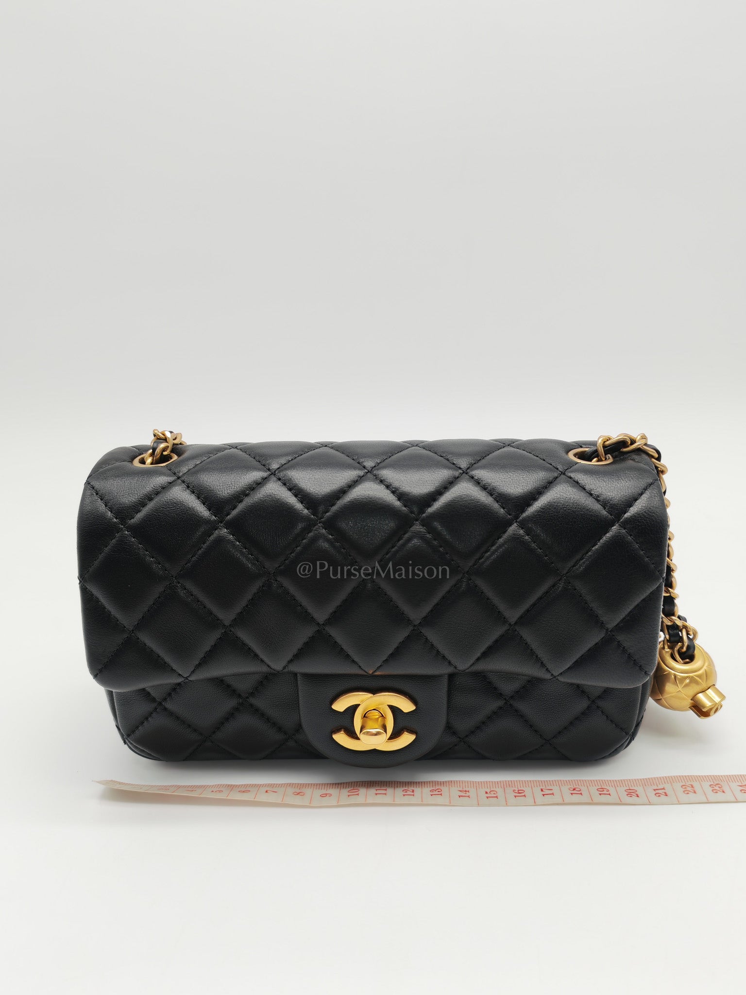Mini Rectangle Pearl Crush in Black Lambskin Leather & Aged Gold Hardware (Microchip)
