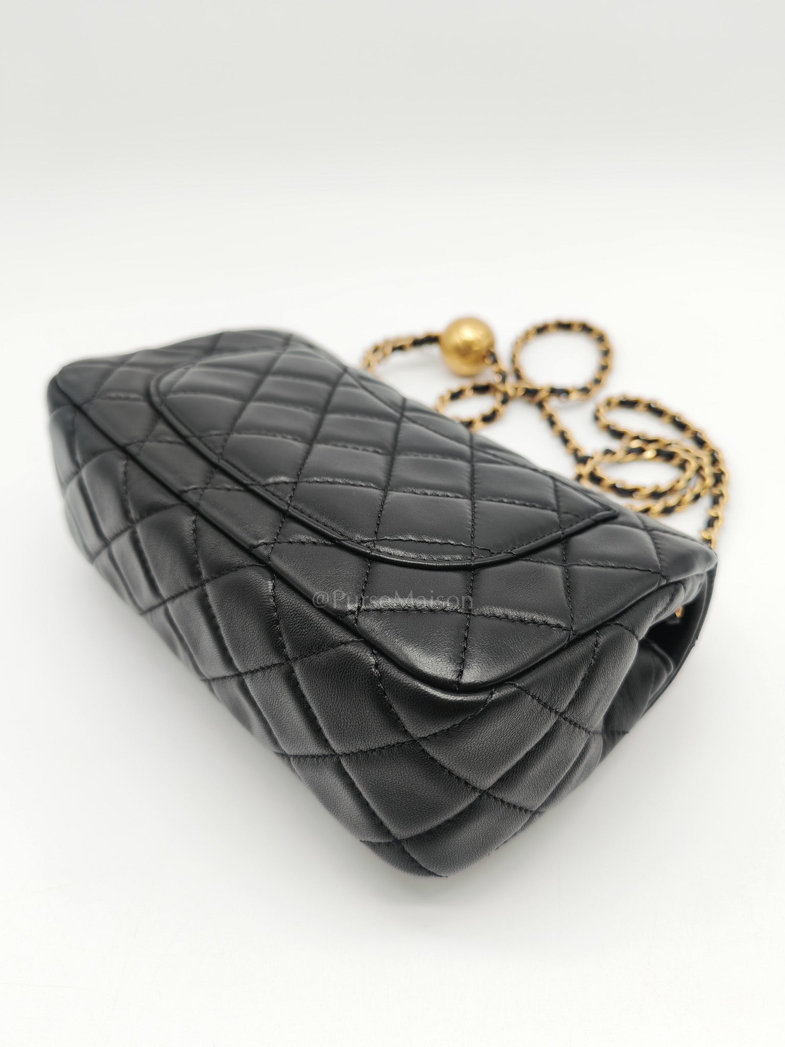 Mini Rectangle Pearl Crush in Black Lambskin Leather & Aged Gold Hardware (Microchip)