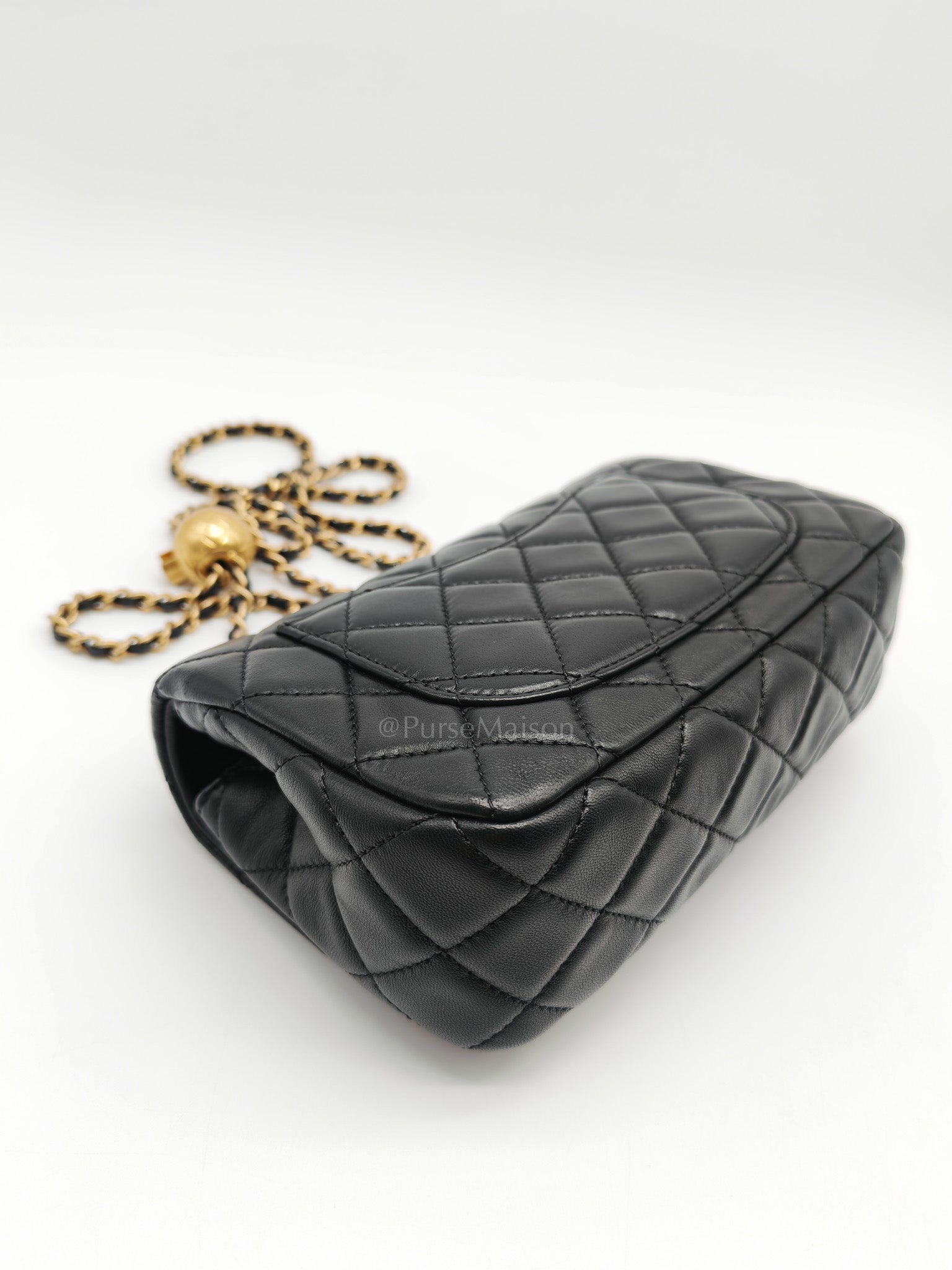 Mini Rectangle Pearl Crush in Black Lambskin Leather & Aged Gold Hardware (Microchip)