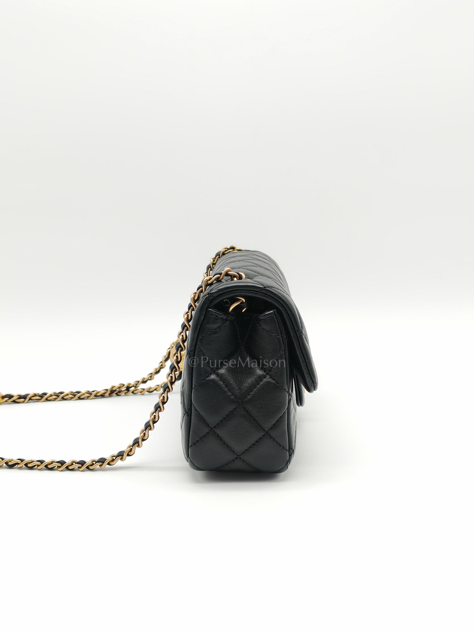 Mini Rectangle Pearl Crush in Black Lambskin Leather & Aged Gold Hardware (Microchip)