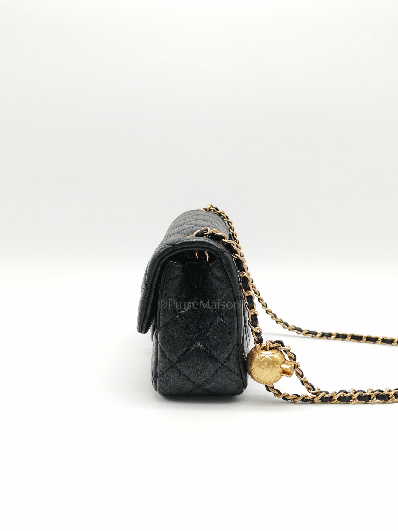 Mini Rectangle Pearl Crush in Black Lambskin Leather & Aged Gold Hardware (Microchip)