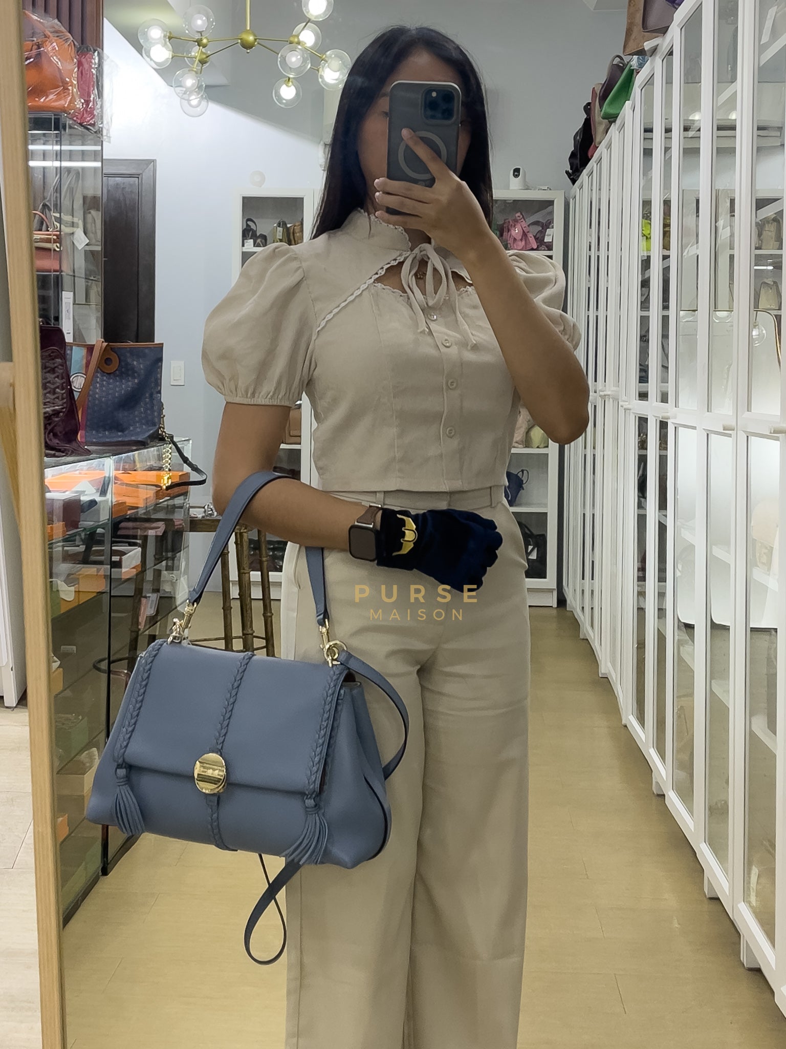 Penelope Medium in Blue-Grey Calfskin Leather Cross Body Bag | Purse Maison Luxury Bags Shop