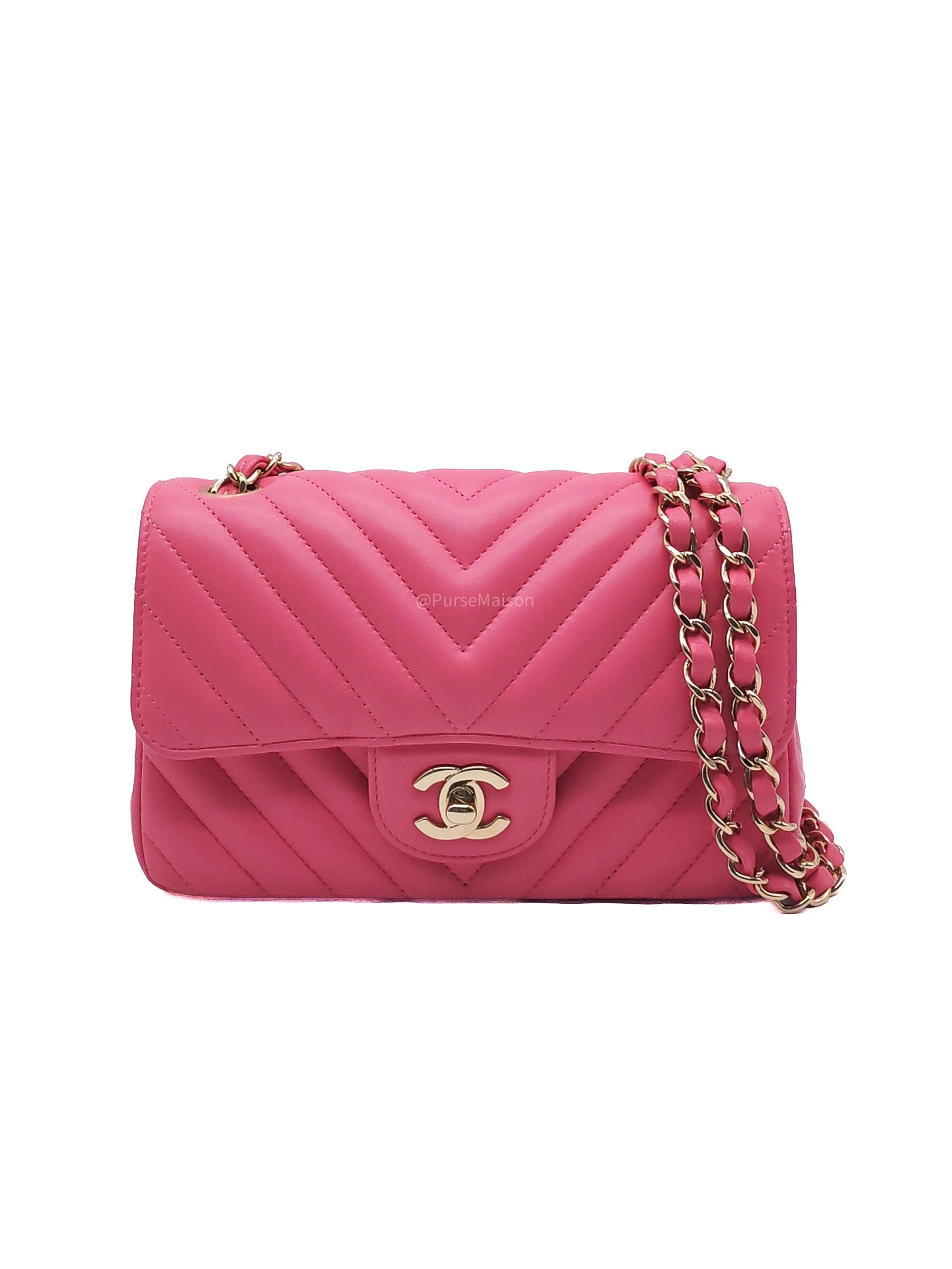 Chanel Classic Mini Rectangular Flap Bag in Pink Chevron Lambskin Leather Light Gold Hardware (Series 27)