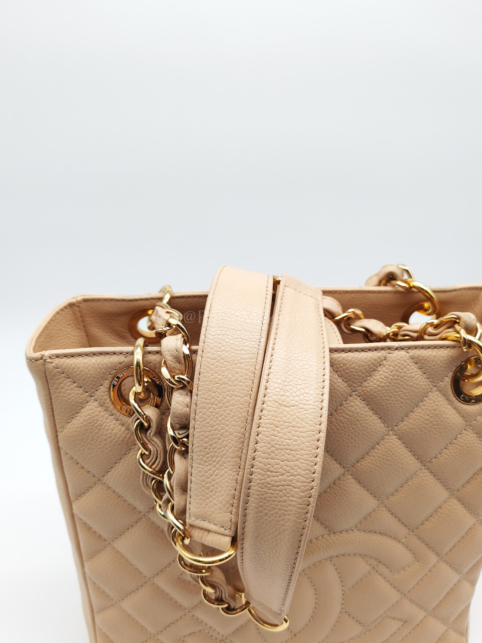 Petite Shopping Tote (PST) Beige Clair in Quilted Caviar Leather and Gold Hardware Series 14 | Purse Maison Luxury Bags Shop