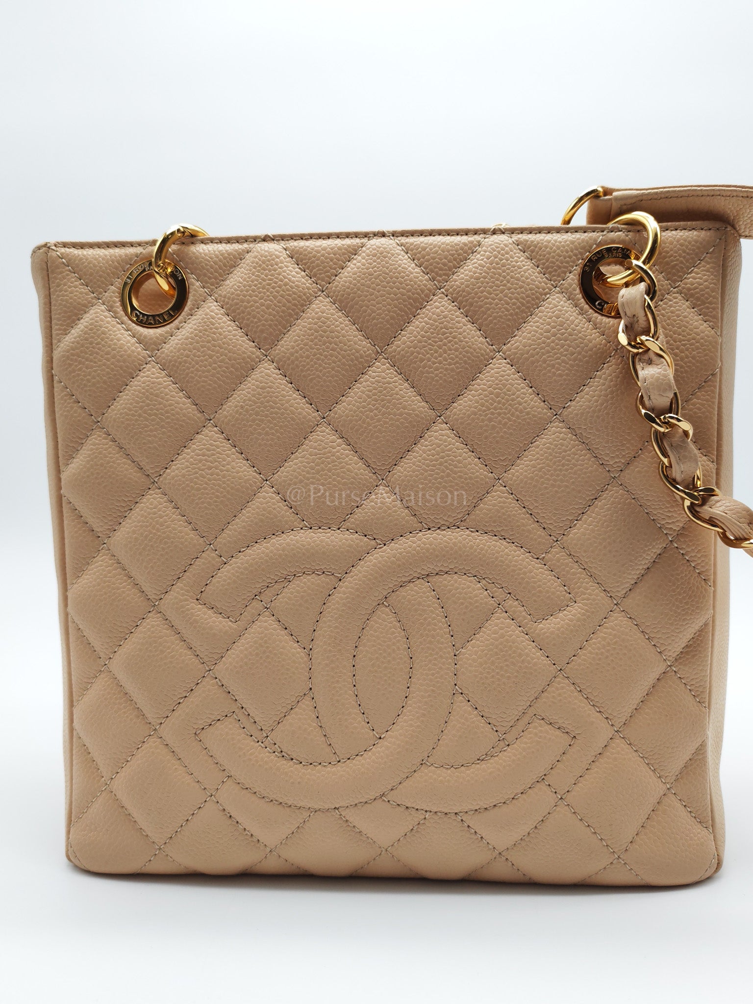 Petite Shopping Tote (PST) Beige Clair in Quilted Caviar Leather and Gold Hardware Series 14 | Purse Maison Luxury Bags Shop