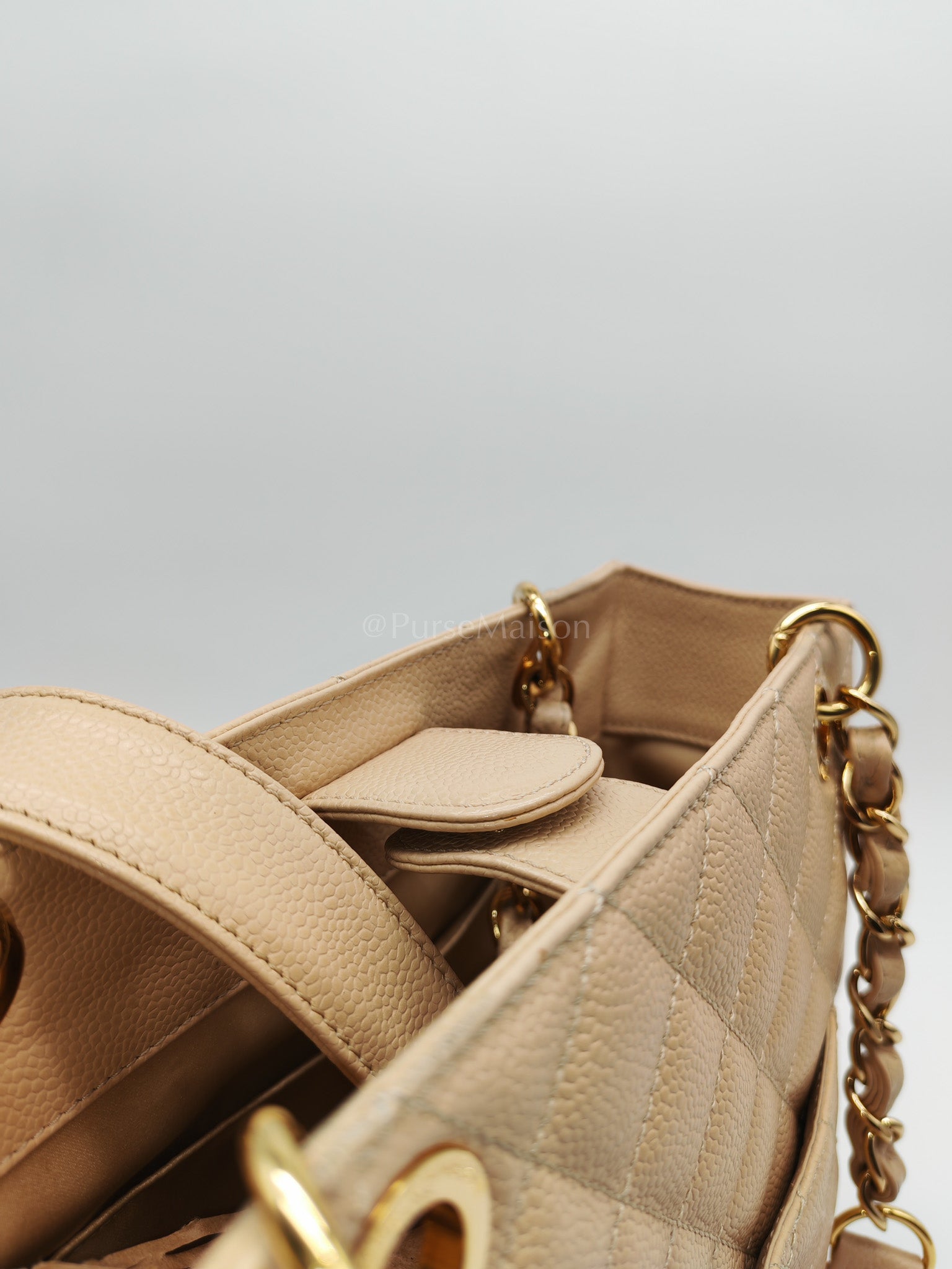 Petite Shopping Tote (PST) Beige Clair in Quilted Caviar Leather and Gold Hardware Series 14 | Purse Maison Luxury Bags Shop