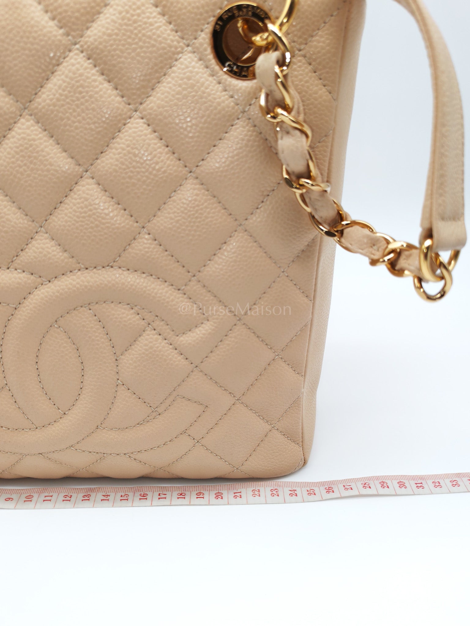 Petite Shopping Tote (PST) Beige Clair in Quilted Caviar Leather and Gold Hardware Series 14 | Purse Maison Luxury Bags Shop